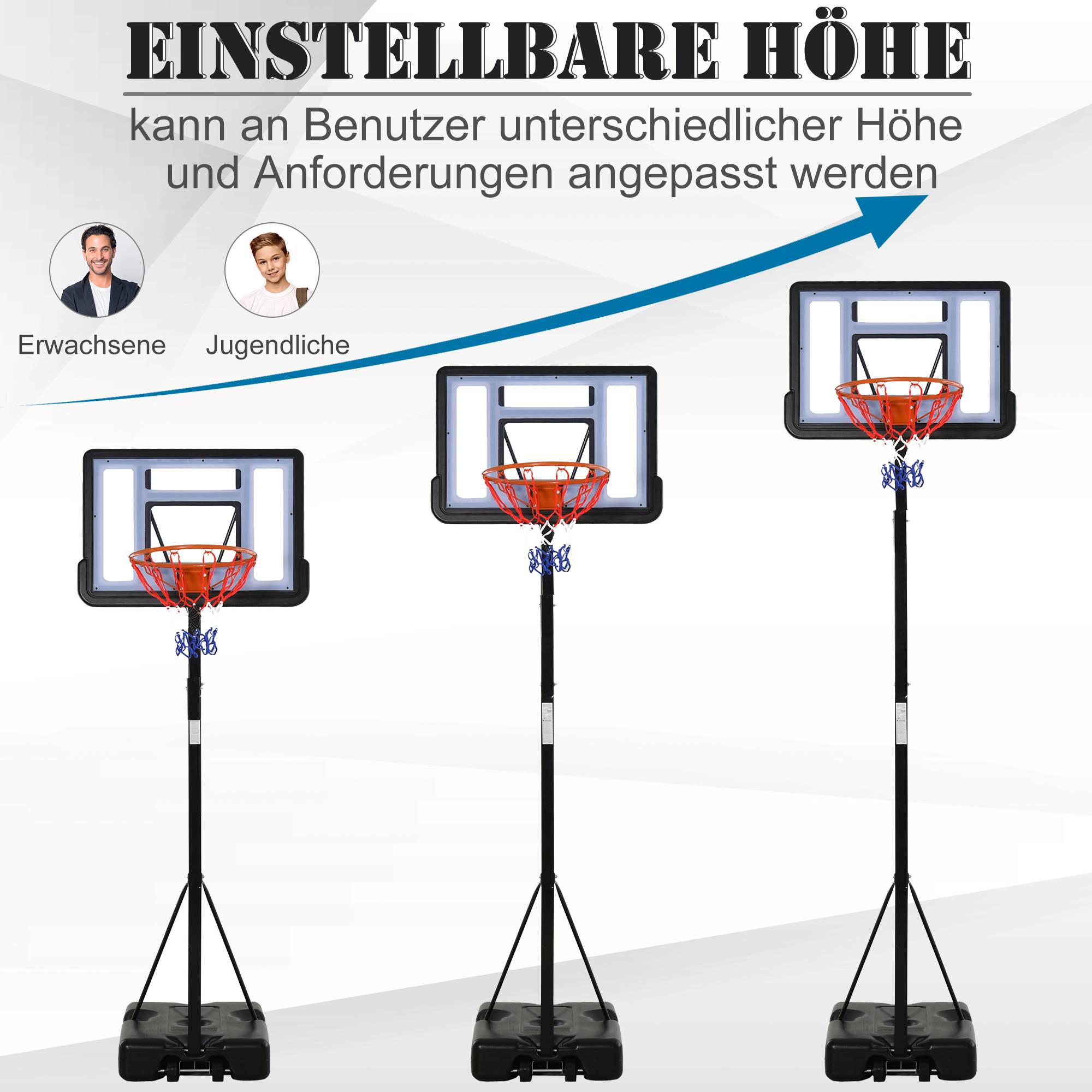 ComfortXL - Panier de basket sur pied acier PE PVC noir hauteur 255-305 cm base lestable à roulettes intérieur extérieur - Image 6
