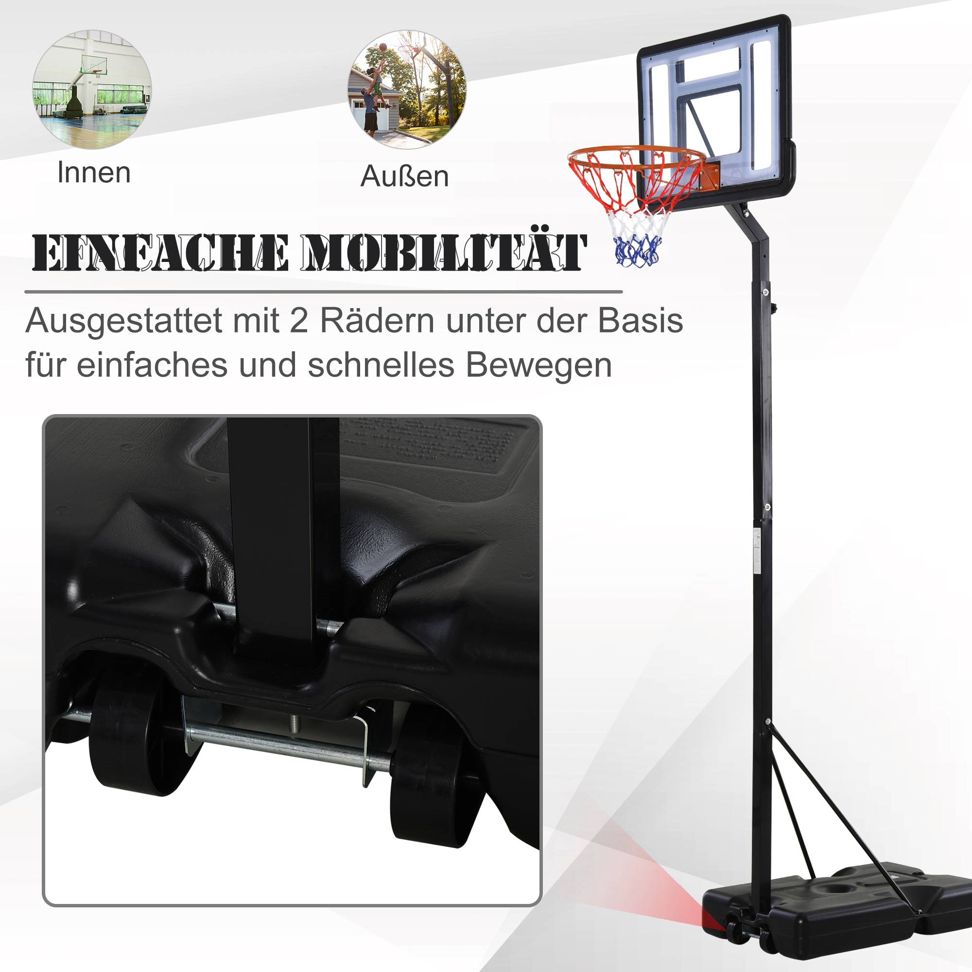 ComfortXL - Panier de basket sur pied acier PE PVC noir hauteur 255-305 cm base lestable à roulettes intérieur extérieur - Image 7