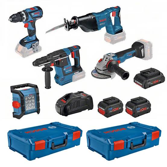 Bosch - Pack 5 outils sans fil 18V - Perceuse à percussion - Meuleuse d'angle - Marteau perforateur - Scie sabre - Lampe - BOSCH - avec 2 batteries 18v 8.0Ah - Image 1