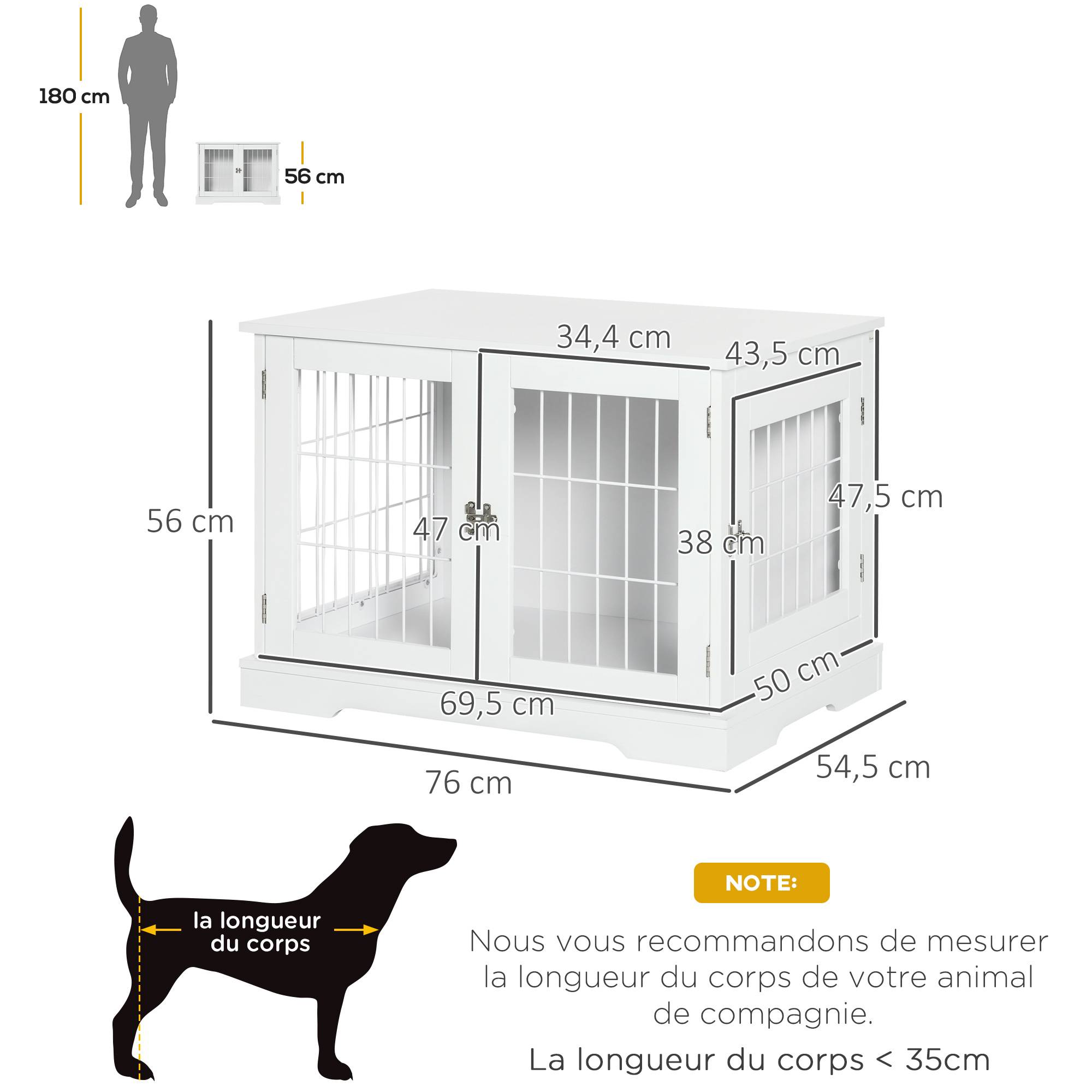 Sans Marque - Cage pour chien animaux 2 en 1 table d'appoint meuble cage chien intérieur avec 2 portes verrouillables - dim. 76L x 54.5l x 56H cm - Métal et MDF - Image 5