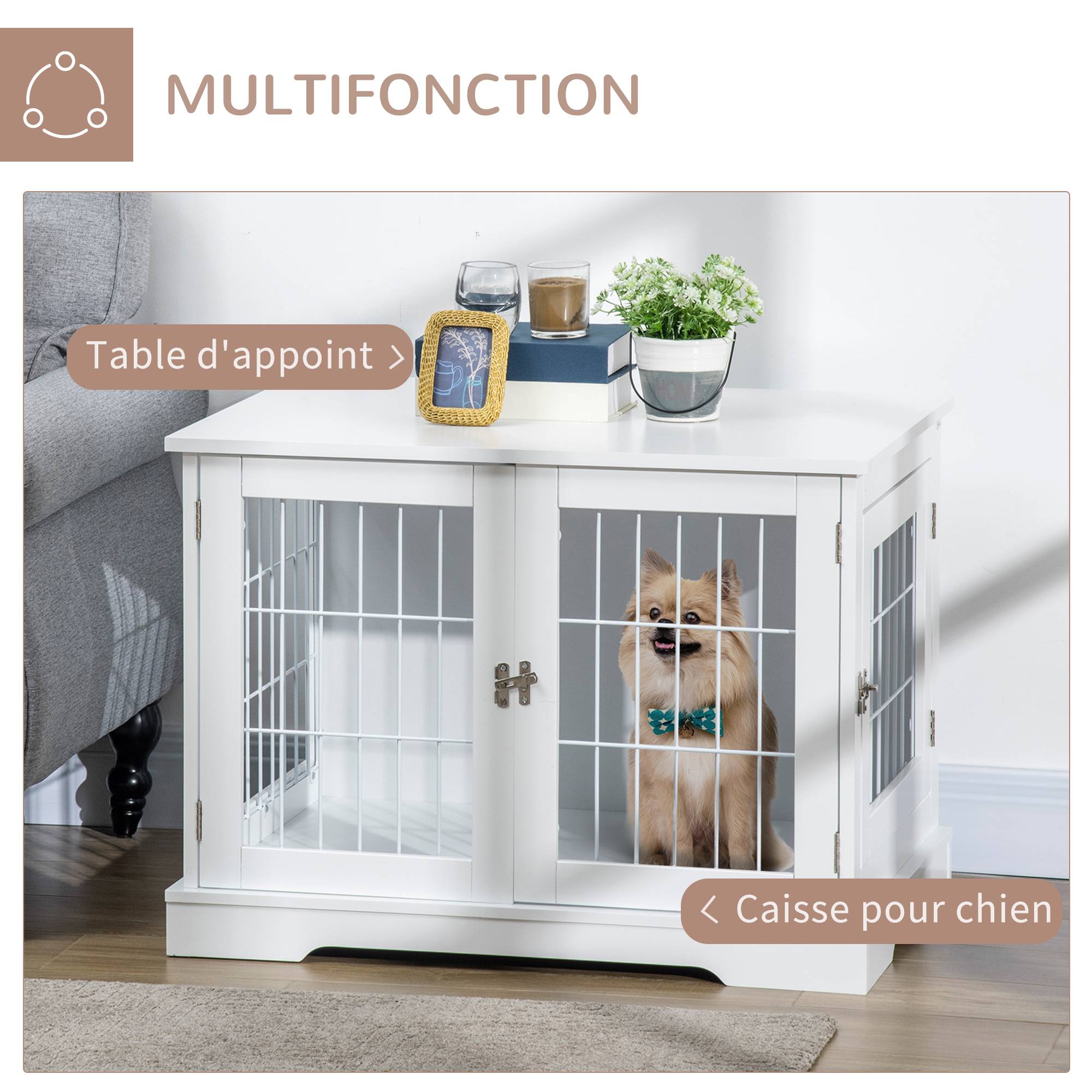 Sans Marque - Cage pour chien animaux 2 en 1 table d'appoint meuble cage chien intérieur avec 2 portes verrouillables - dim. 76L x 54.5l x 56H cm - Métal et MDF - Image 6