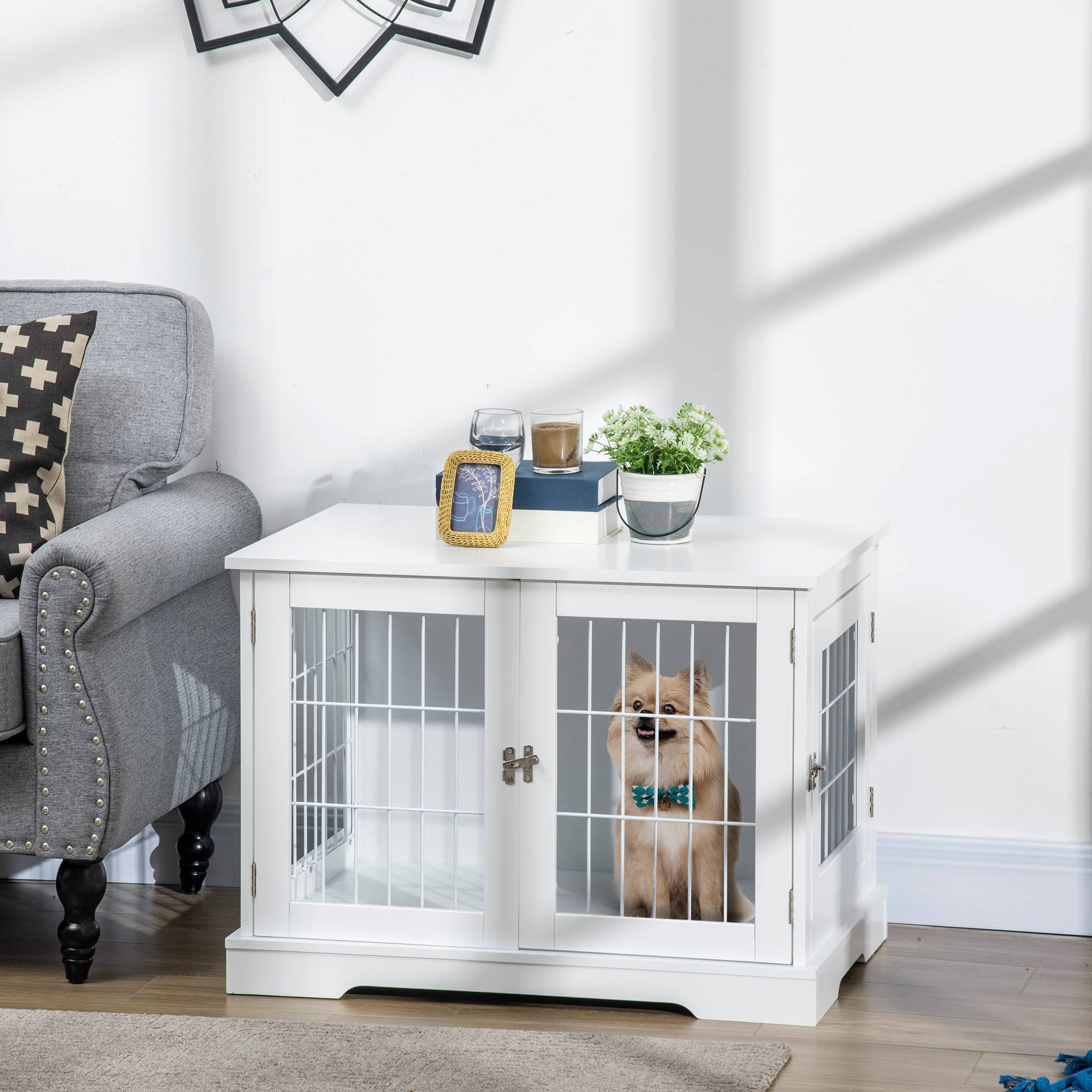 Sans Marque - Cage pour chien animaux 2 en 1 table d'appoint meuble cage chien intérieur avec 2 portes verrouillables - dim. 76L x 54.5l x 56H cm - Métal et MDF - Image 4