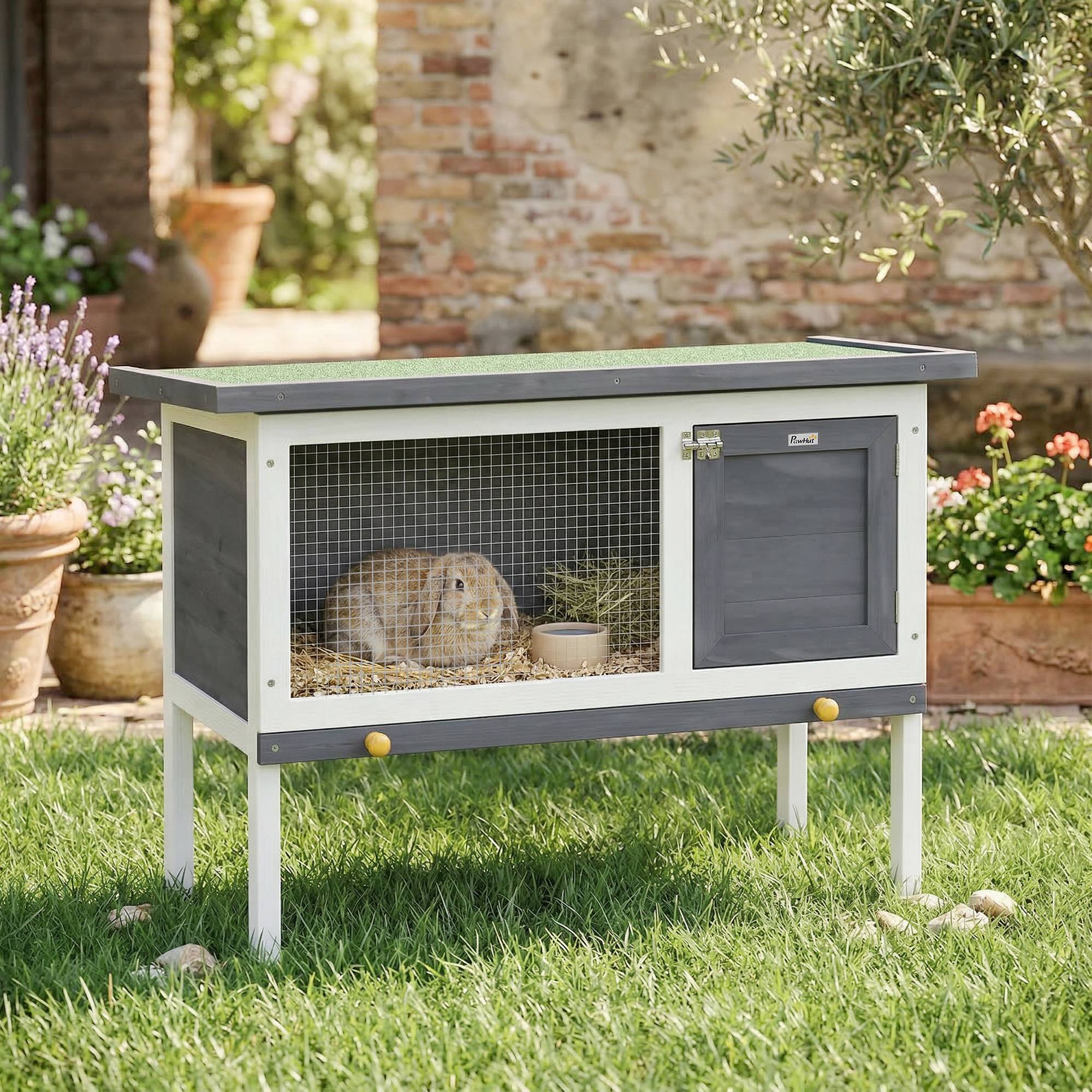 Sans Marque - Clapier lapin extérieur bois toit ouvrant asphalté plateau coulissant design surélevé 90x45x65 cm gris - Image 3