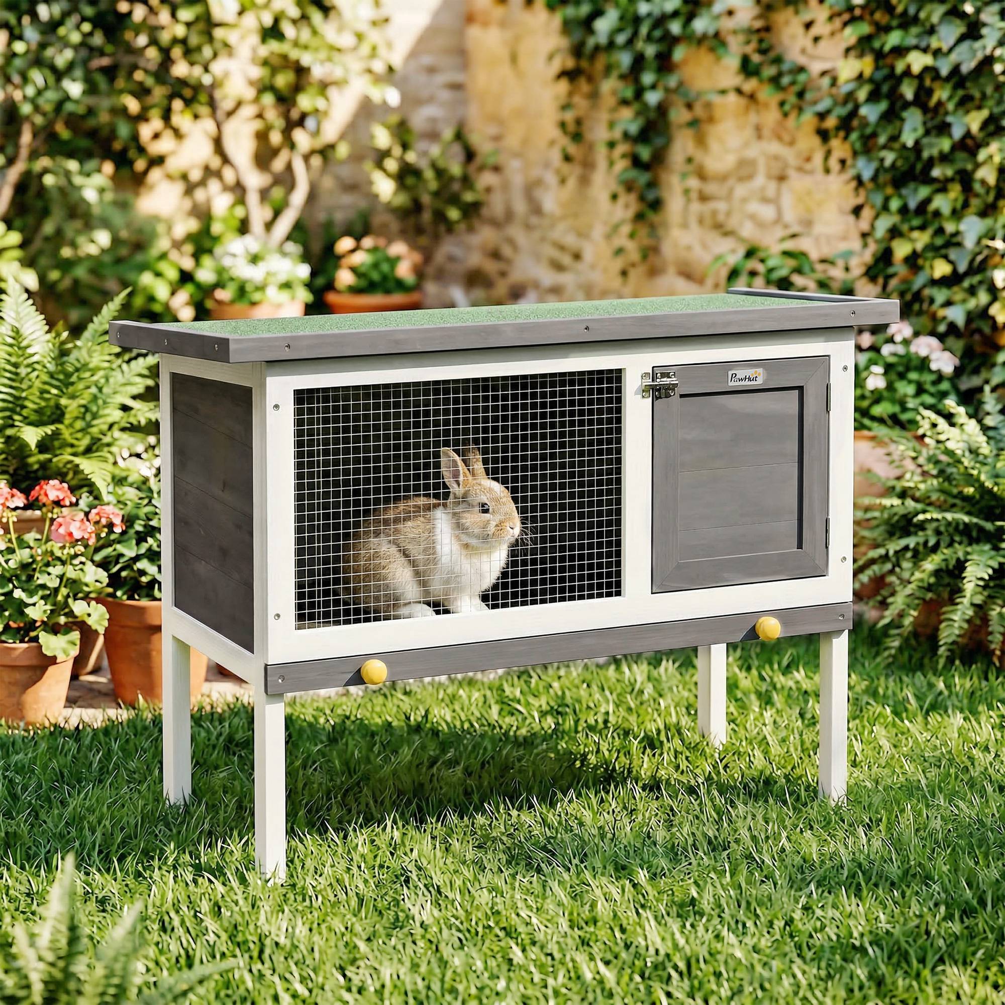Sans Marque - Clapier lapin extérieur bois toit ouvrant asphalté plateau coulissant design surélevé 90x45x65 cm gris - Image 4