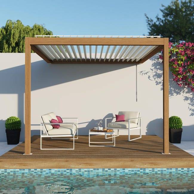 Pergola Bioclimatique Aluminium Adossée Aspect Bois 3x3 Manuelle S ORIAL France - Image 1