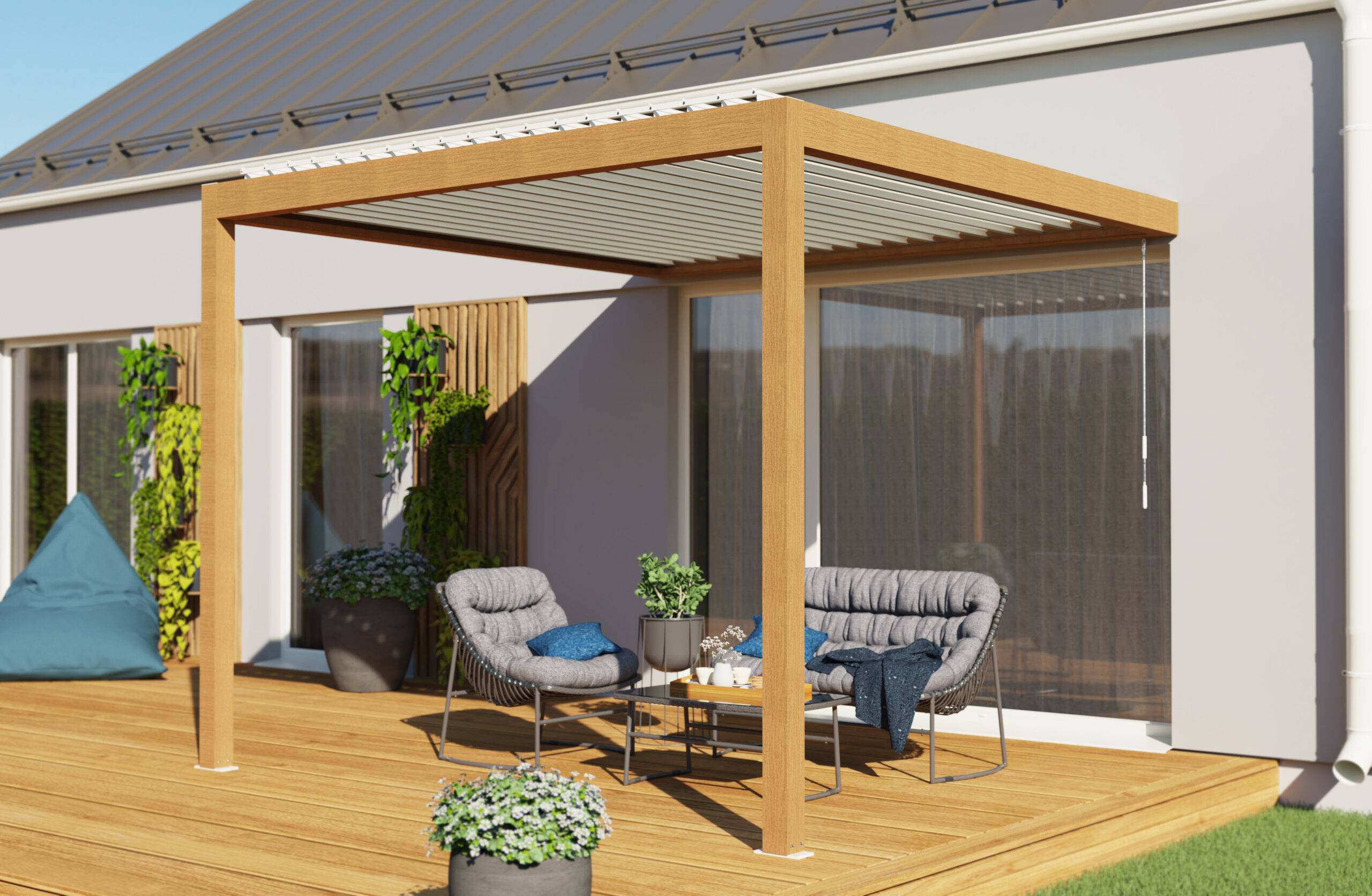 Pergola Bioclimatique Aluminium Adossée Aspect Bois 3x3 Manuelle S ORIAL France - Image 6