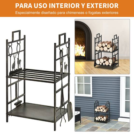 Porte-bûches en métal avec 4 outils et poignées pour une utilisation intérieure et extérieure, 51,5 x 33 x 77 cm, noir et or - Image 8