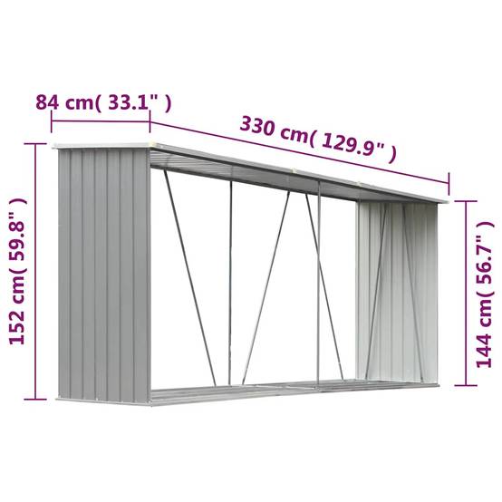 Grand Abri à bûches Acier Galvanisé Stockage Bois Chauffage 330x84x152 cm Gris - ComfortXL Outdoor Living - Image 6