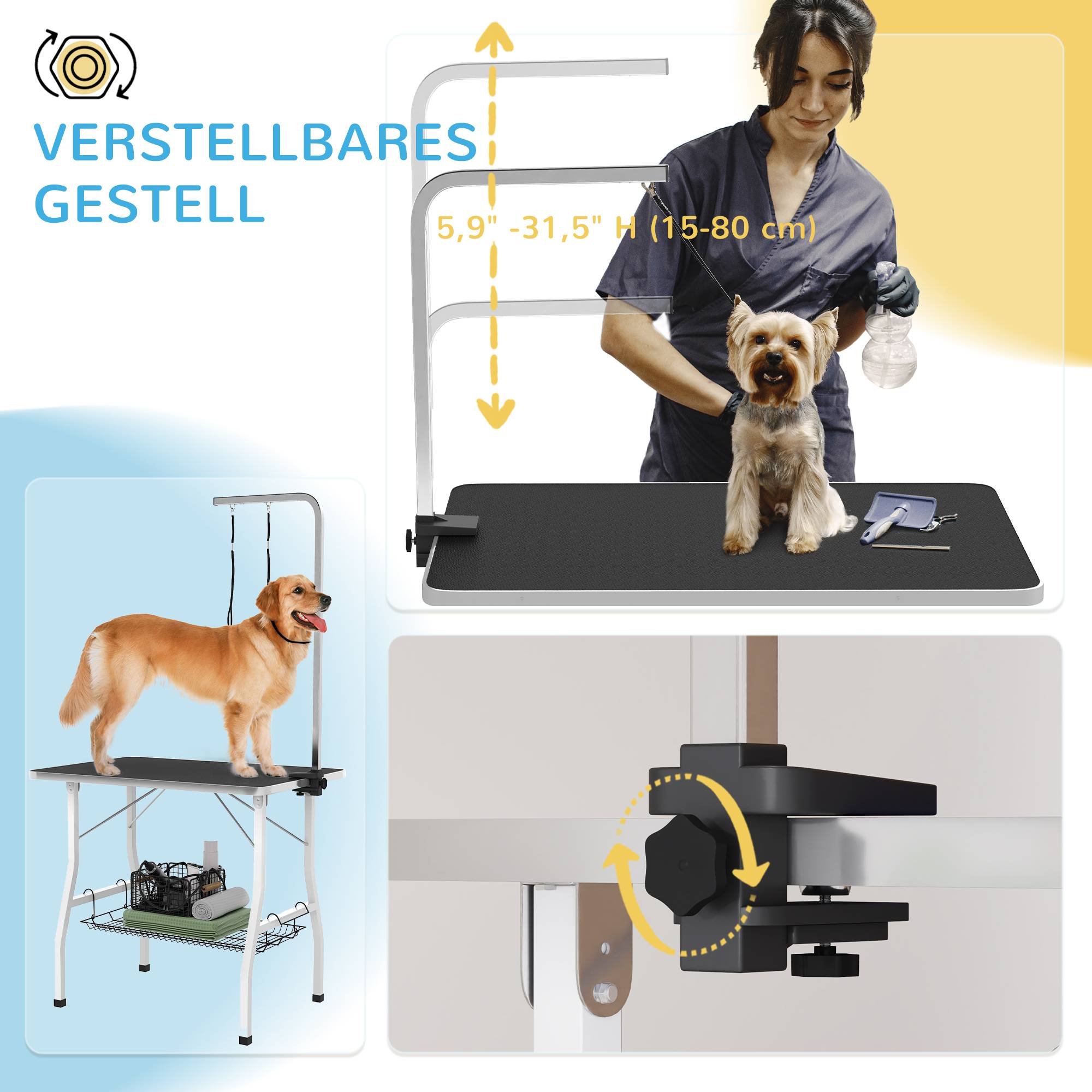 ComfortXL - Table de toilettage chien acier et caoutchouc noir 90 x 60 x 76 cm pliable avec bras réglable et rangement - Image 4
