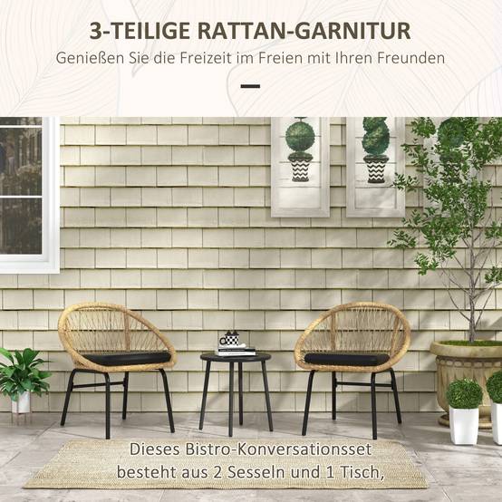 ComfortXL - Salon de jardin bistrot 3 pièces en résine tressée jaune avec 2 fauteuils et table ronde terrasse balcon - Image 4