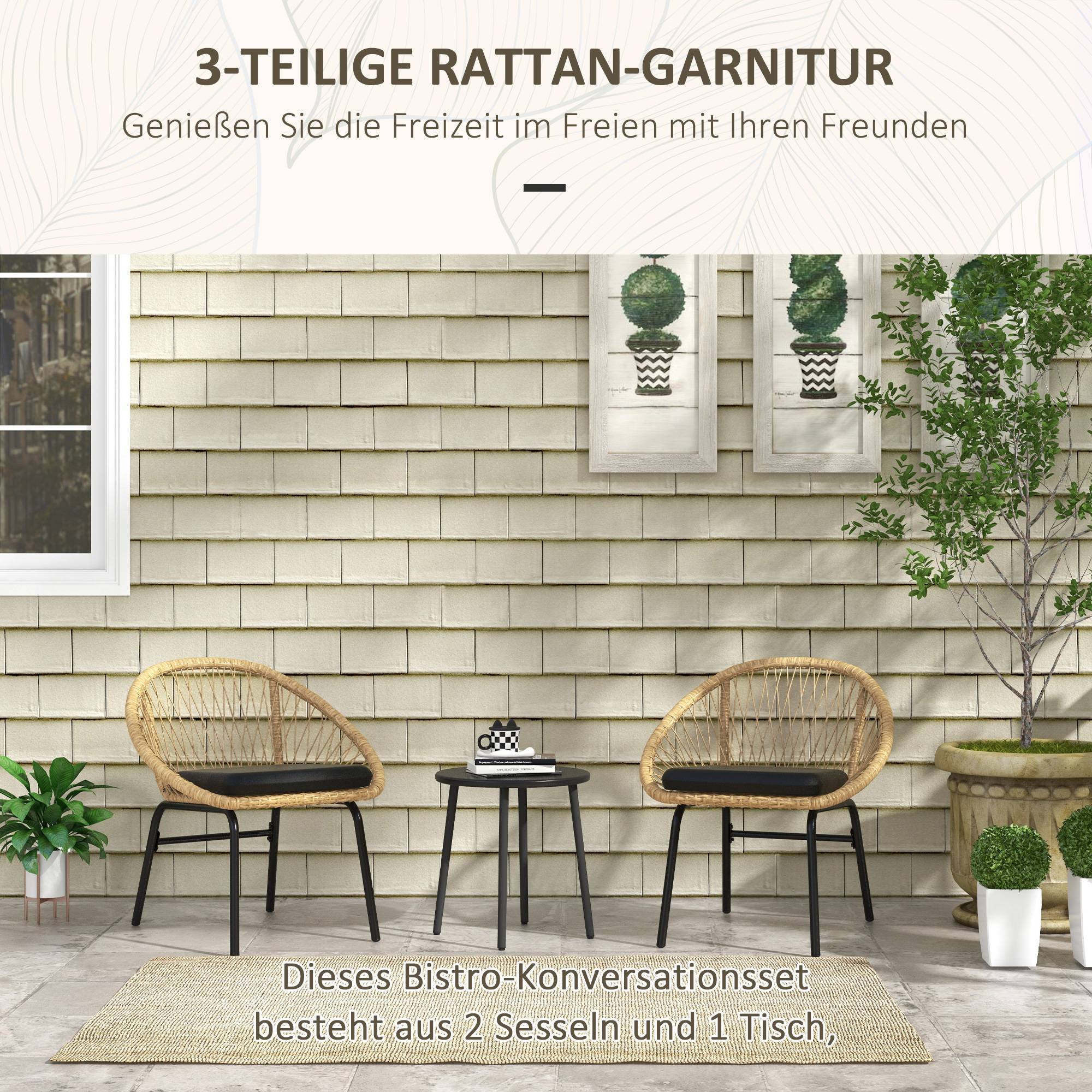 ComfortXL - Salon de jardin bistrot 3 pièces en résine tressée jaune avec 2 fauteuils et table ronde terrasse balcon - Image 4