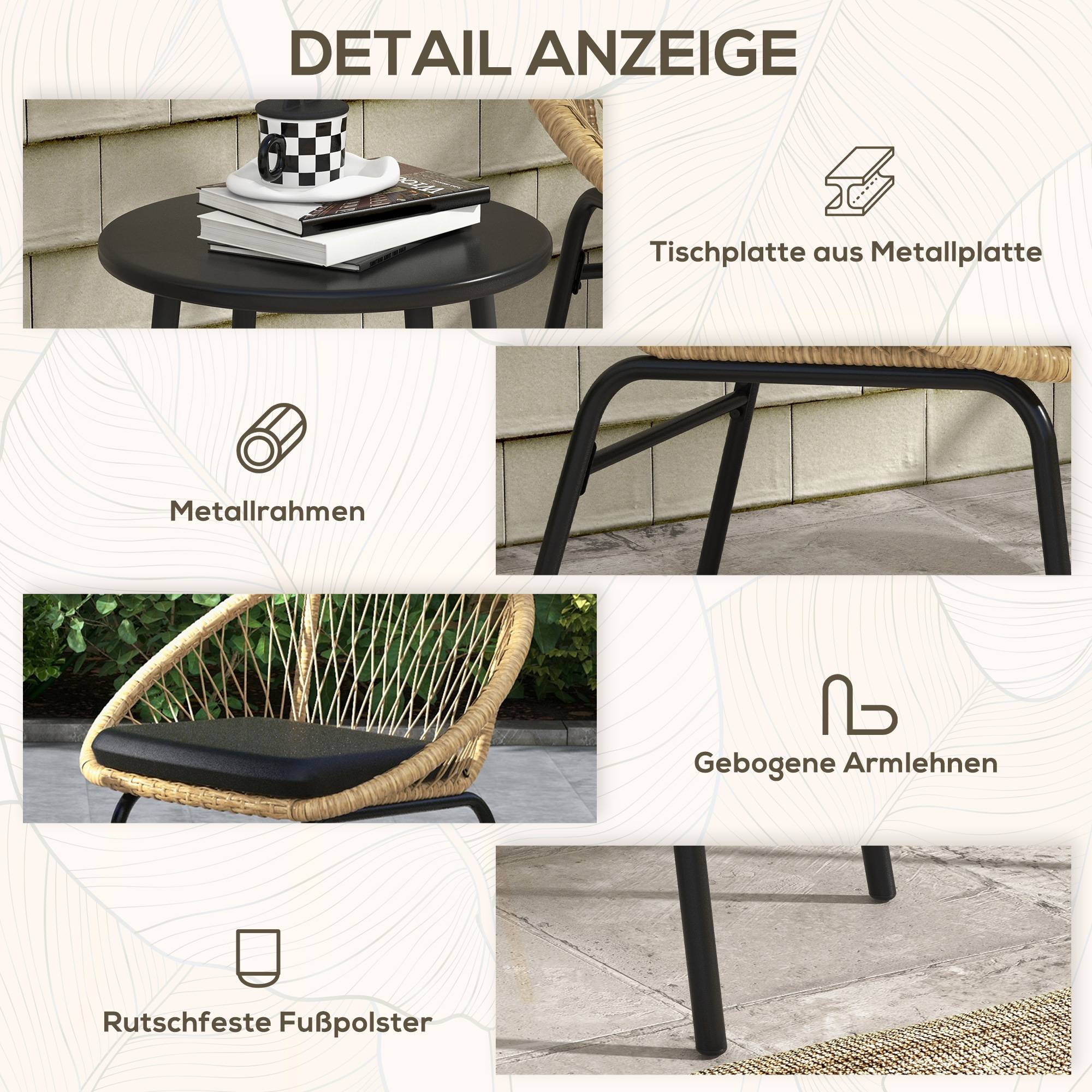 ComfortXL - Salon de jardin bistrot 3 pièces en résine tressée jaune avec 2 fauteuils et table ronde terrasse balcon - Image 7