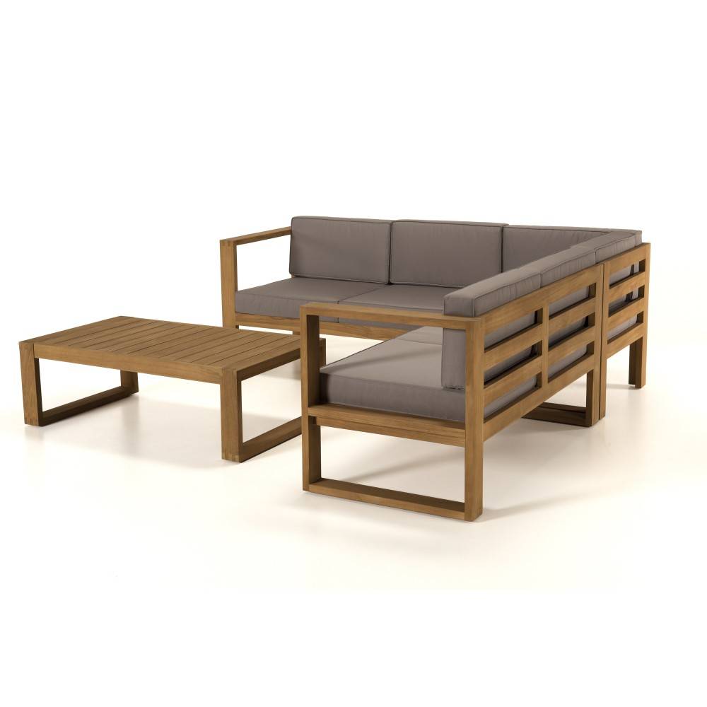 Macabane - KIM - Salon de jardin bois teck canapé d'angle 5p. et table basse rect - Image 1