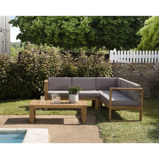 Macabane - KIM - Salon de jardin bois teck canapé d'angle 5p. et table basse rect - Image 2