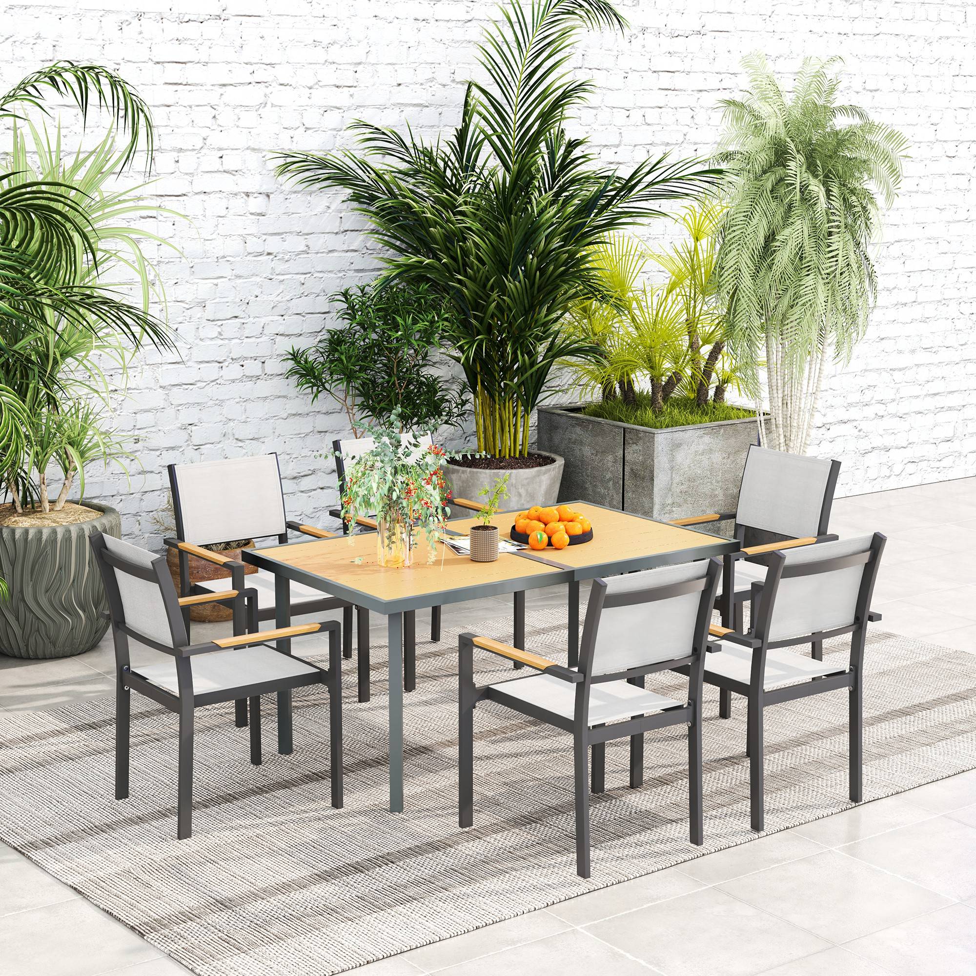 Table à manger de jardin pour 6 personnes table de jardin avec plateau effet bois en acier 150 x 90 x 72 cm bois naturel - Image 10