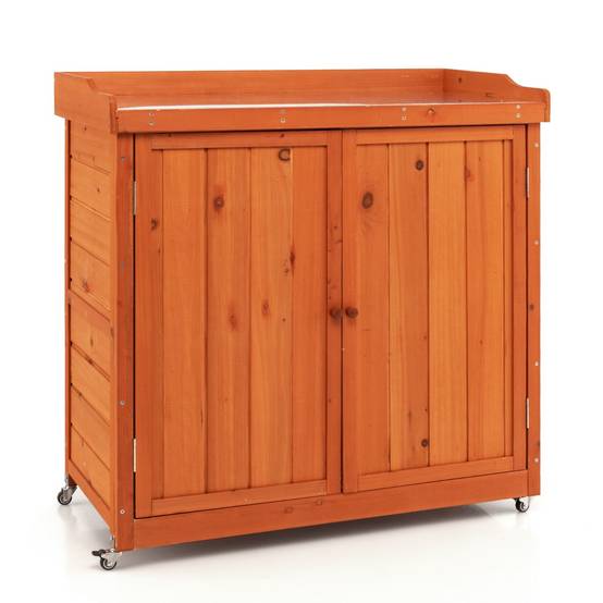 Rangement de Jardin Armoire en Bois Table de Jardinage avec Etagère Amovible 4 Roues Universelles Plateau en Acier Galvanisé - Image 1