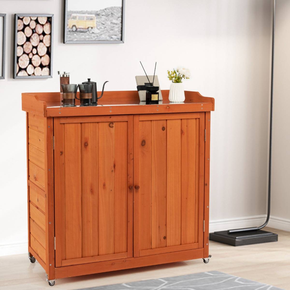 Rangement de Jardin Armoire en Bois Table de Jardinage avec Etagère Amovible 4 Roues Universelles Plateau en Acier Galvanisé - Image 3
