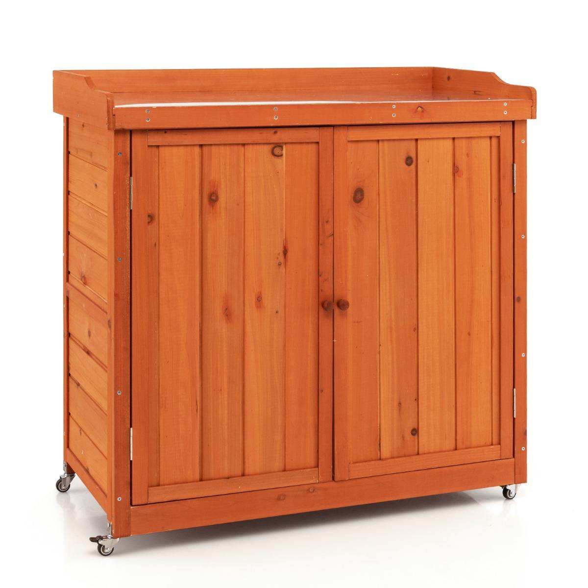 Rangement de Jardin Armoire en Bois Table de Jardinage avec Etagère Amovible 4 Roues Universelles Plateau en Acier Galvanisé - Image 4
