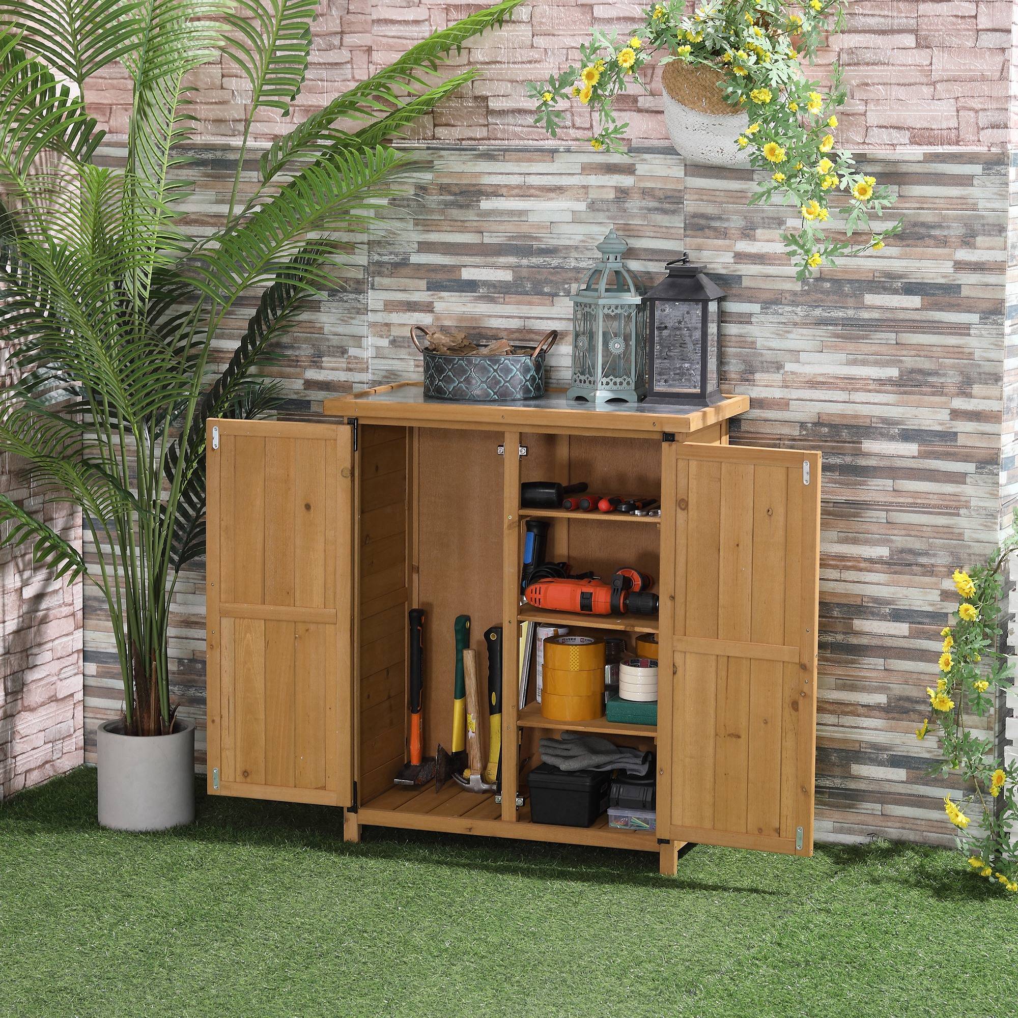 Abri de jardin/armoire avec 3 étagères, 2 portes, toit en tôle galvanisée étanche, bois de sapin, 75 x 40 x 90 cm, jaune - Image 4