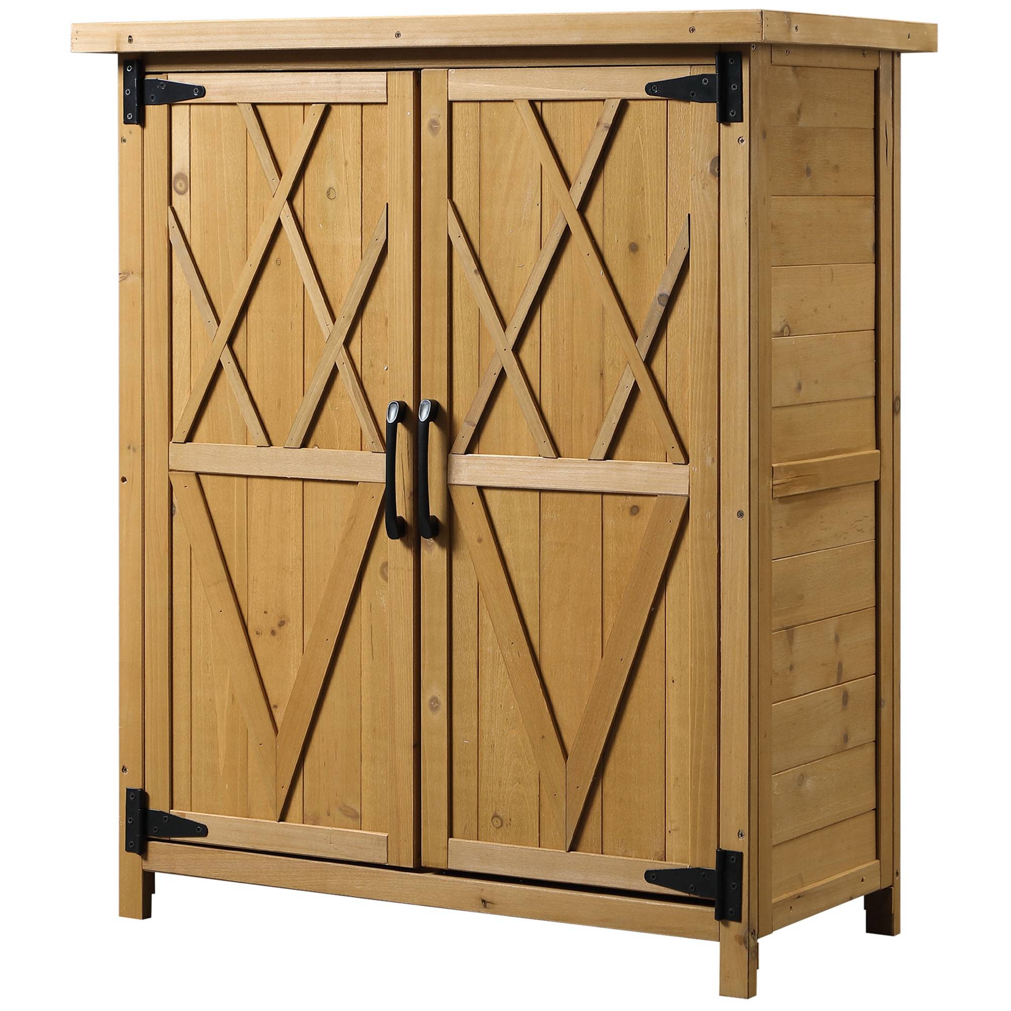 Abri de jardin/armoire avec 3 étagères, 2 portes, toit en tôle galvanisée étanche, bois de sapin, 75 x 40 x 90 cm, jaune - Image 2
