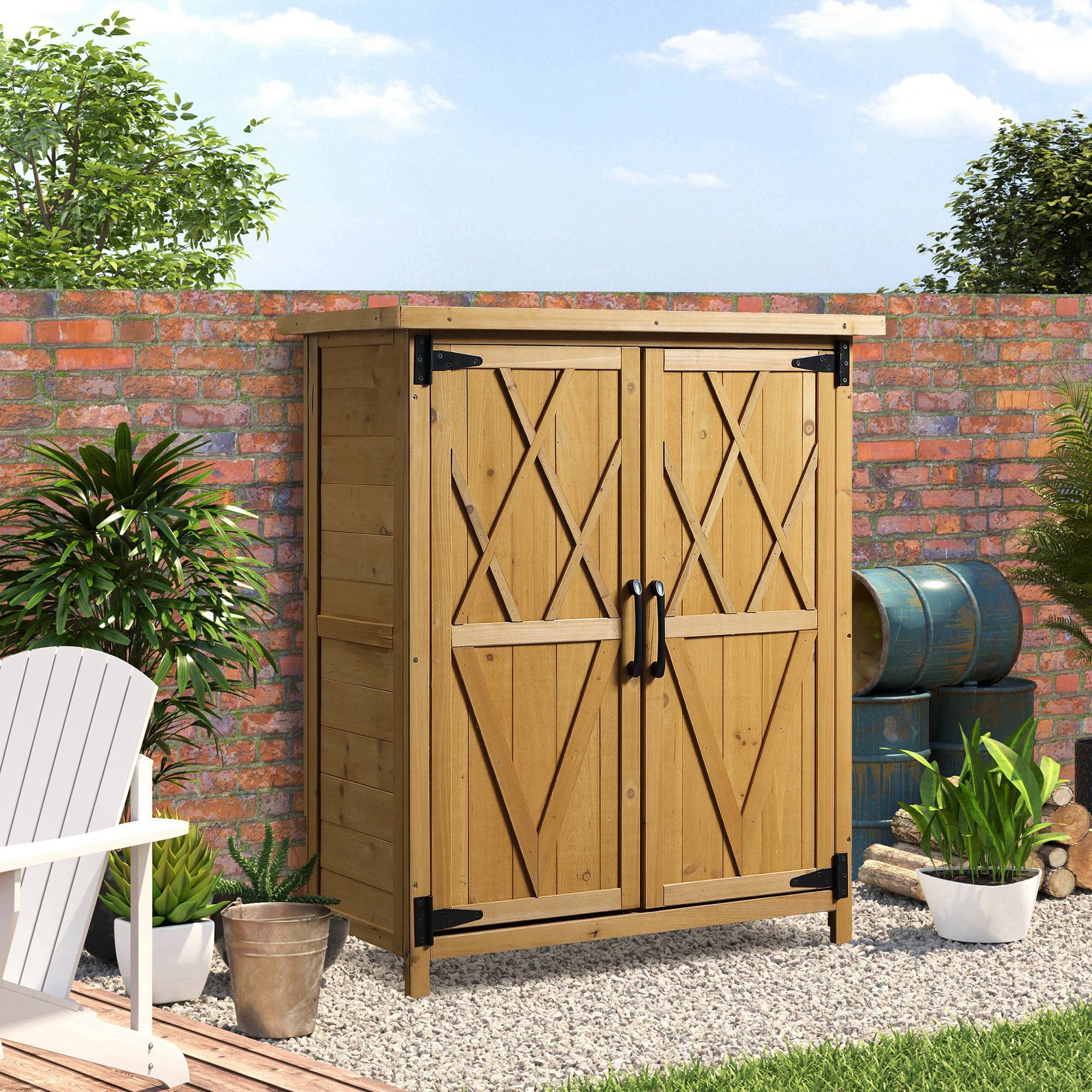 Abri de jardin/armoire avec 3 étagères, 2 portes, toit en tôle galvanisée étanche, bois de sapin, 75 x 40 x 90 cm, jaune - Image 3