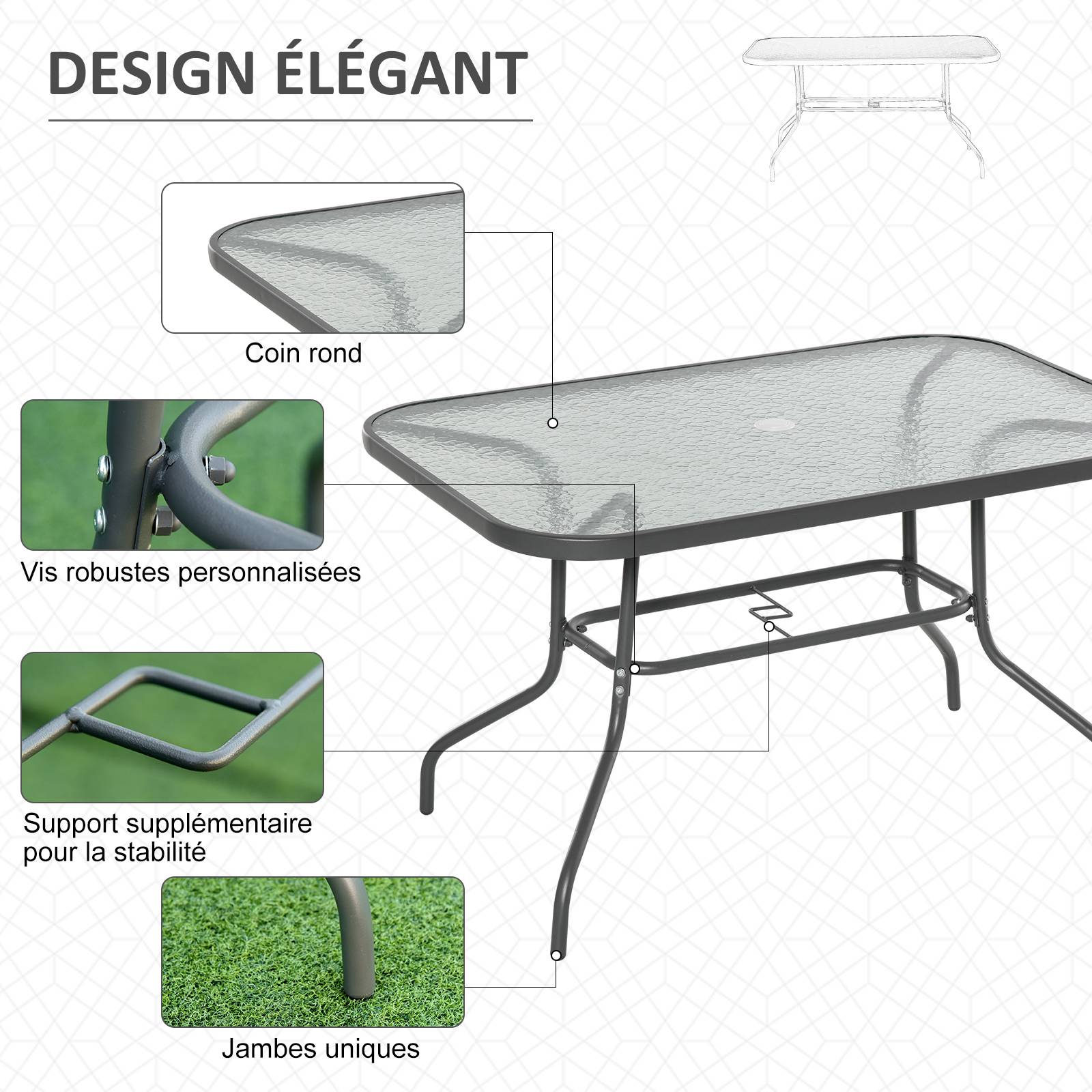 Table de Jardin rectangulaire dim. 120L X 80l x 70H cm métal époxy Gris Plateau Verre trempé - Image 7