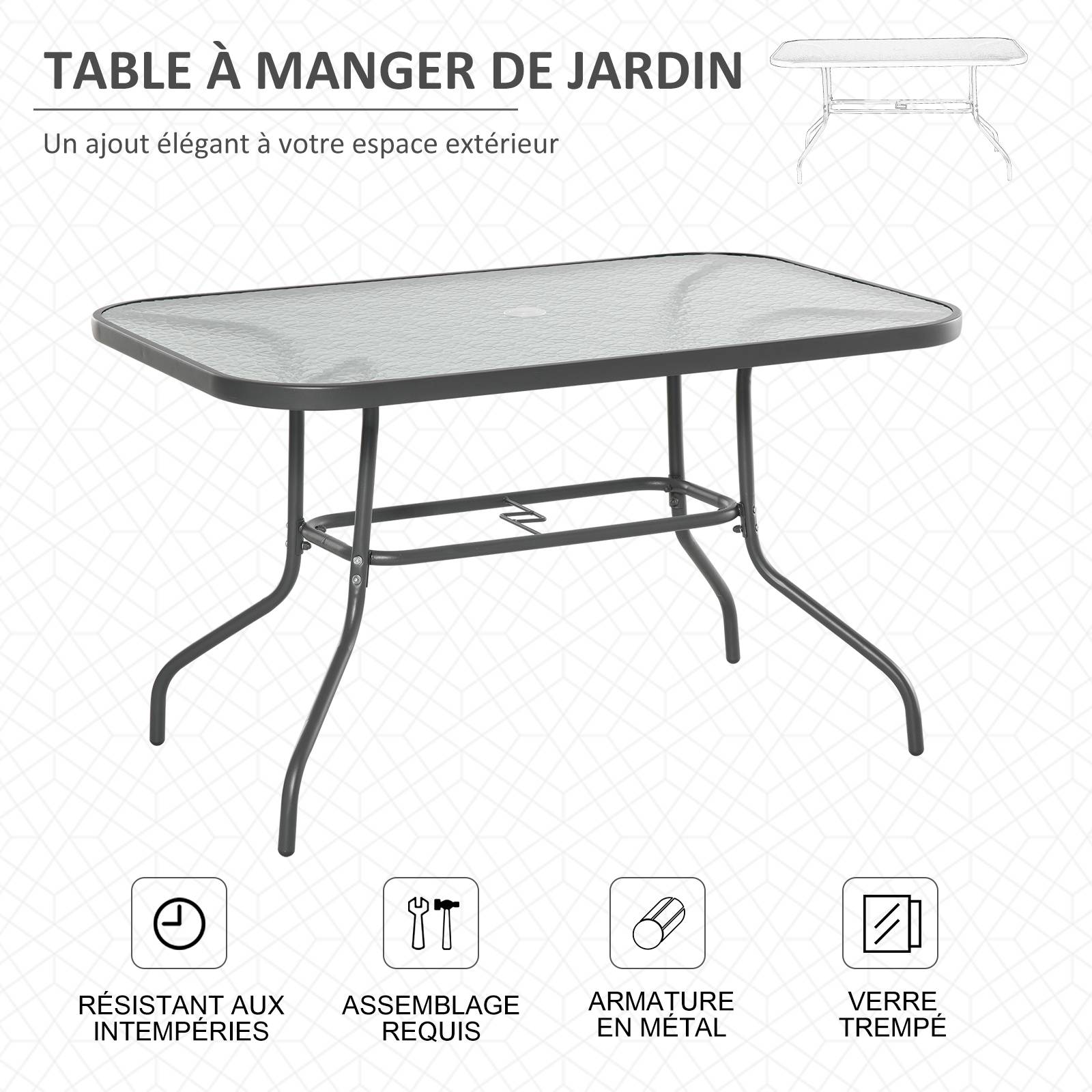 Table de Jardin rectangulaire dim. 120L X 80l x 70H cm métal époxy Gris Plateau Verre trempé - Image 8