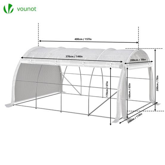 Serre de jardin tunnel Toute Saison 12m² - 4L x 3l x 2H m - fenêtres et portes latérales zippées enroulables, barre anti-tempête - Image 2