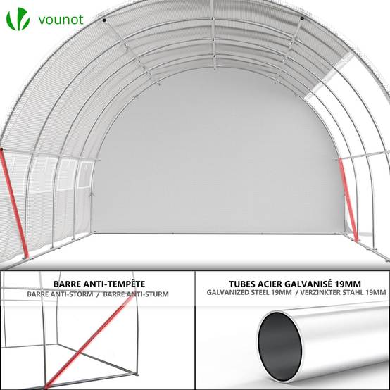 Serre de jardin tunnel Toute Saison 12m² - 4L x 3l x 2H m - fenêtres et portes latérales zippées enroulables, barre anti-tempête - Image 7