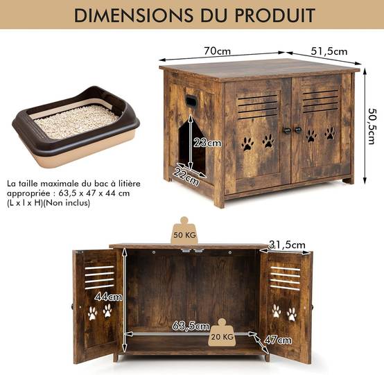 Meuble Litiere Chat avec Portes à Persiennes 70 x 52 x 51 CM - Image 5