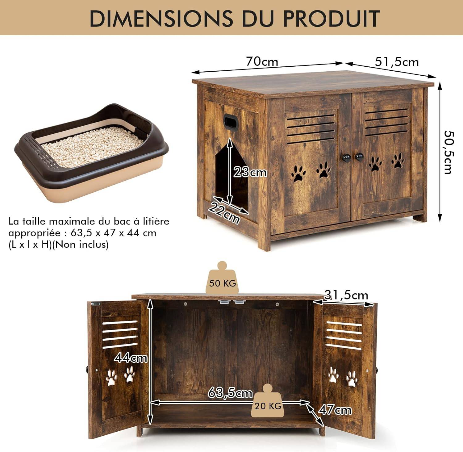 Meuble Litiere Chat avec Portes à Persiennes  70 x 52 x 51 CM - Image 5