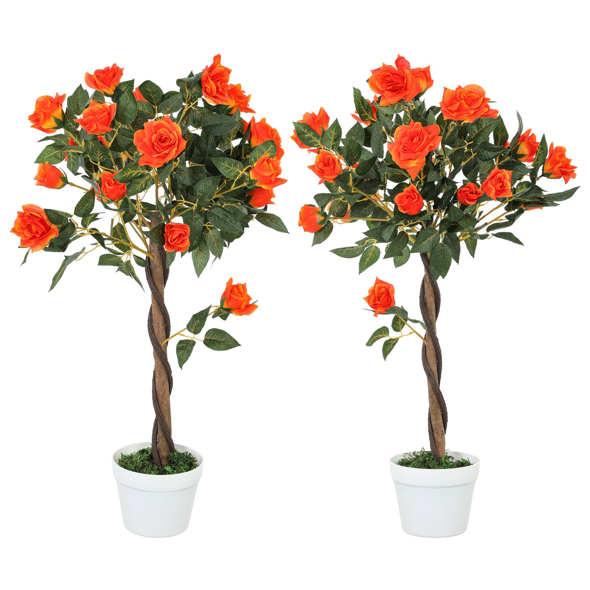 Sans Marque - Rosier artificiel 21 fleurs pot ciment mousse Ø18x90 cm orange - Image 2