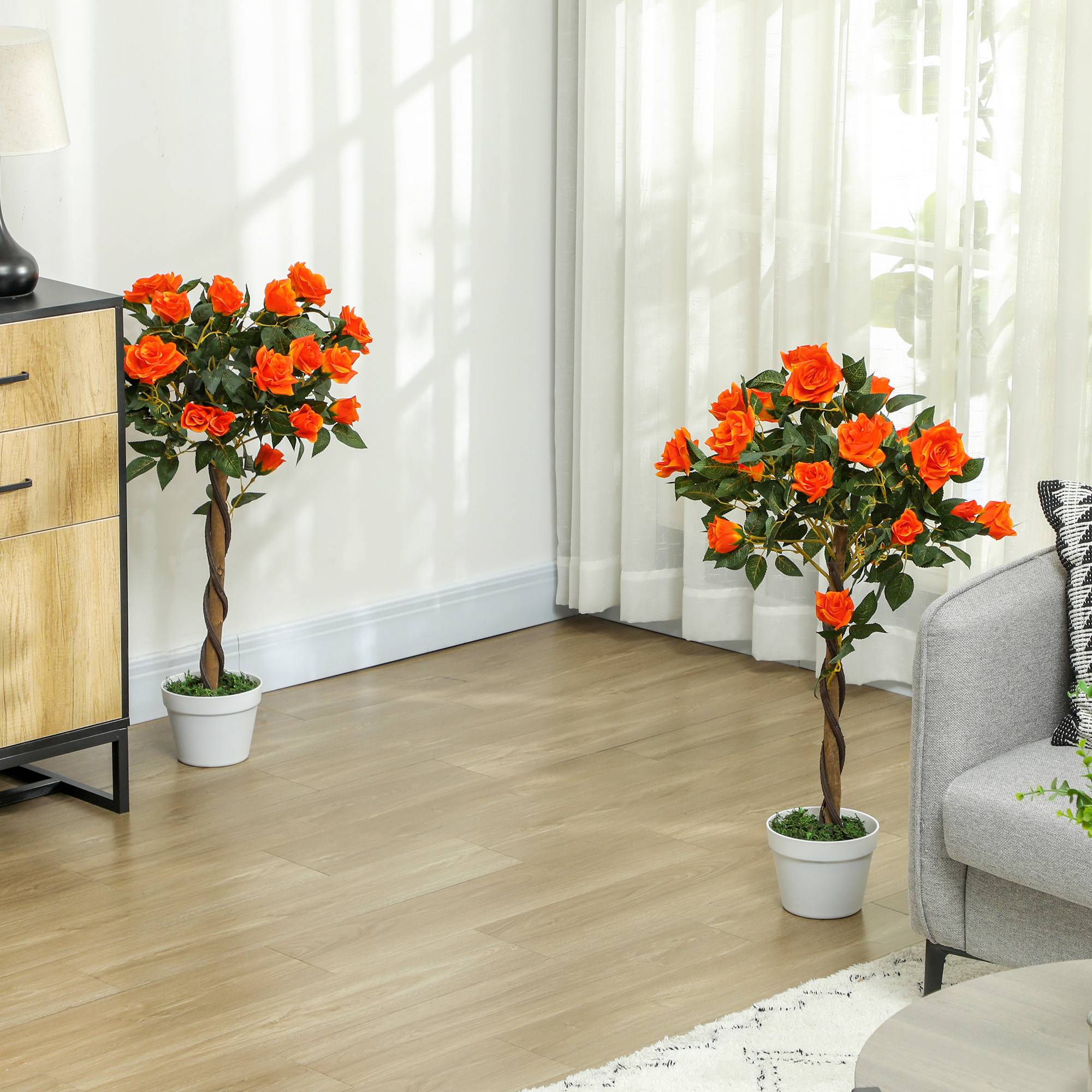 Sans Marque - Rosier artificiel 21 fleurs pot ciment mousse Ø18x90 cm orange - Image 3