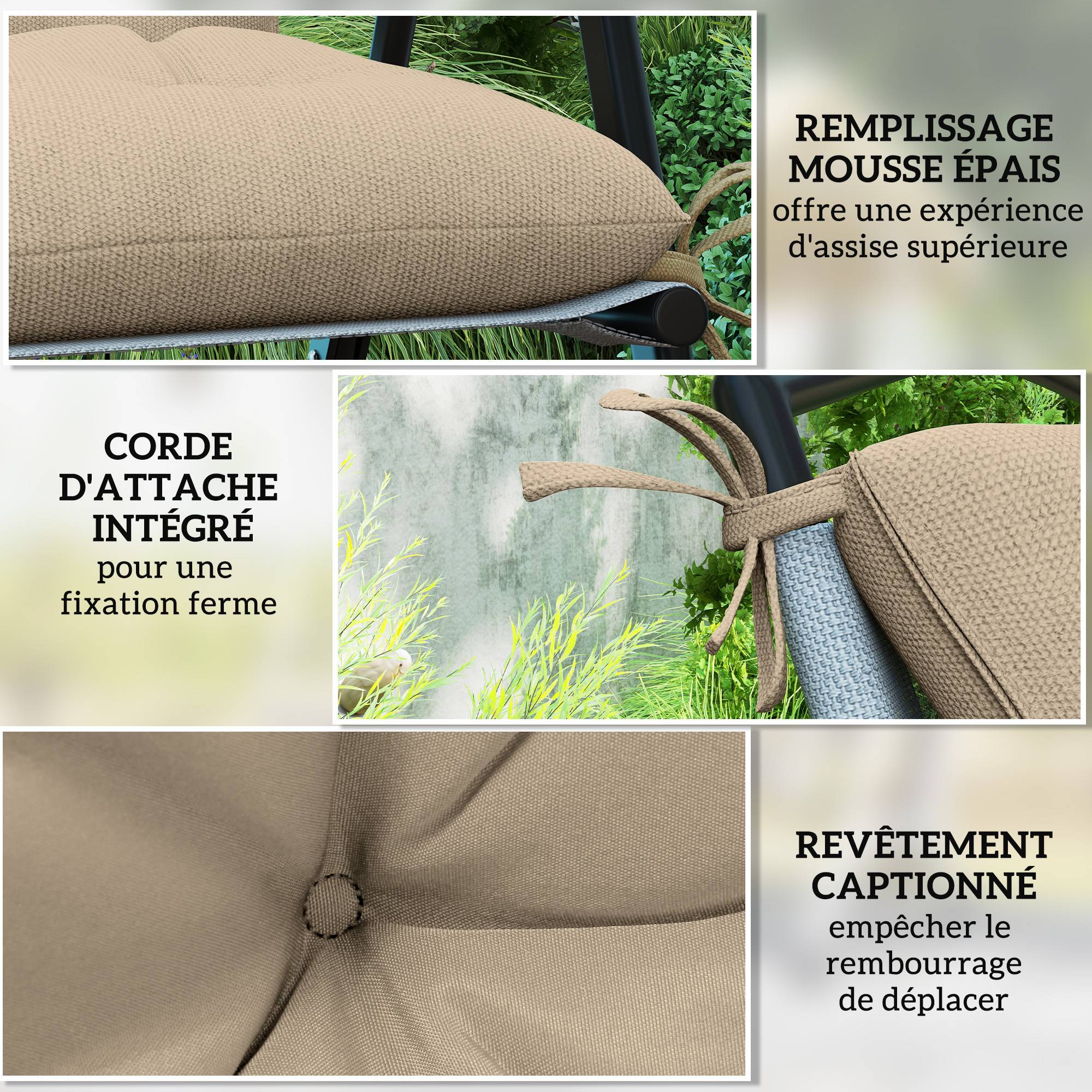 Outsunny - Lot de 2 coussins de chaise d'extérieur avec attaches - 98 x 50 x 8 cm - beige - Outsunny - Image 6