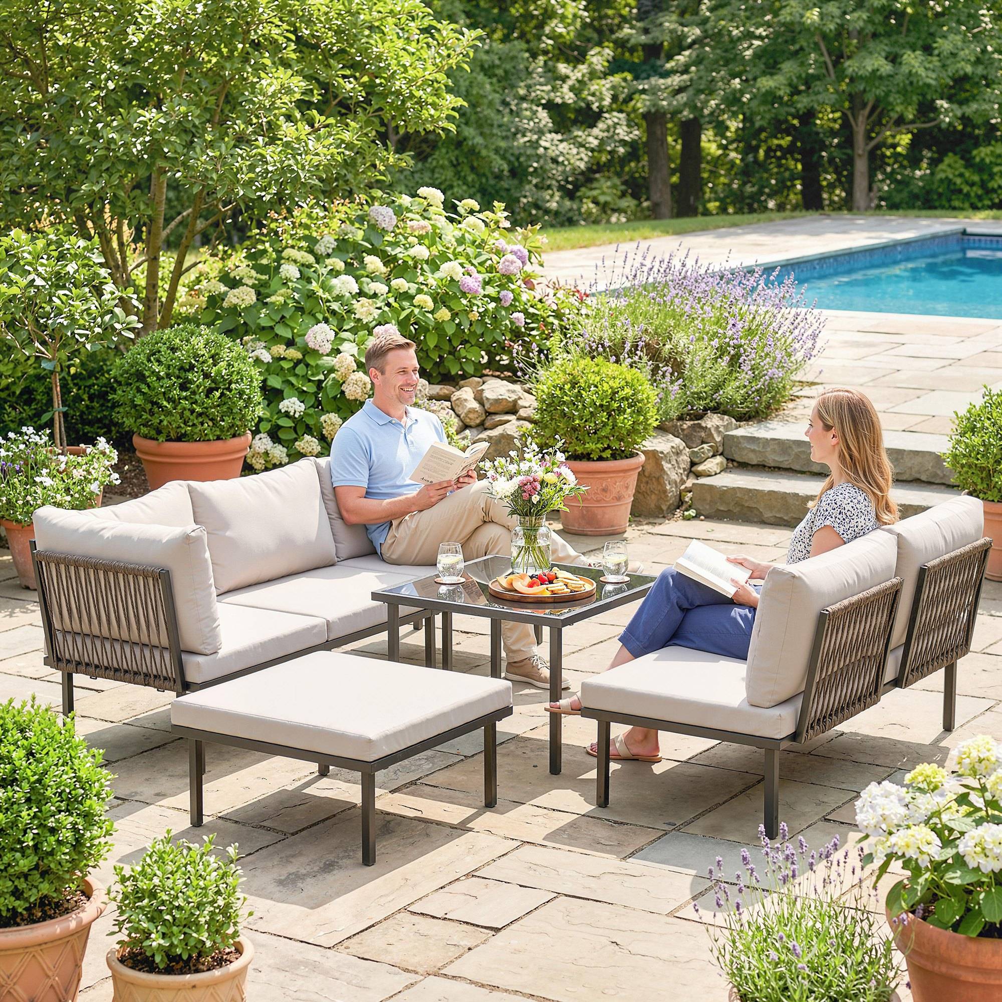 Salon de jardin extérieur d'angle modulable 6 personnes, table basse avec plateau en verre trempé, gris clair - Image 10