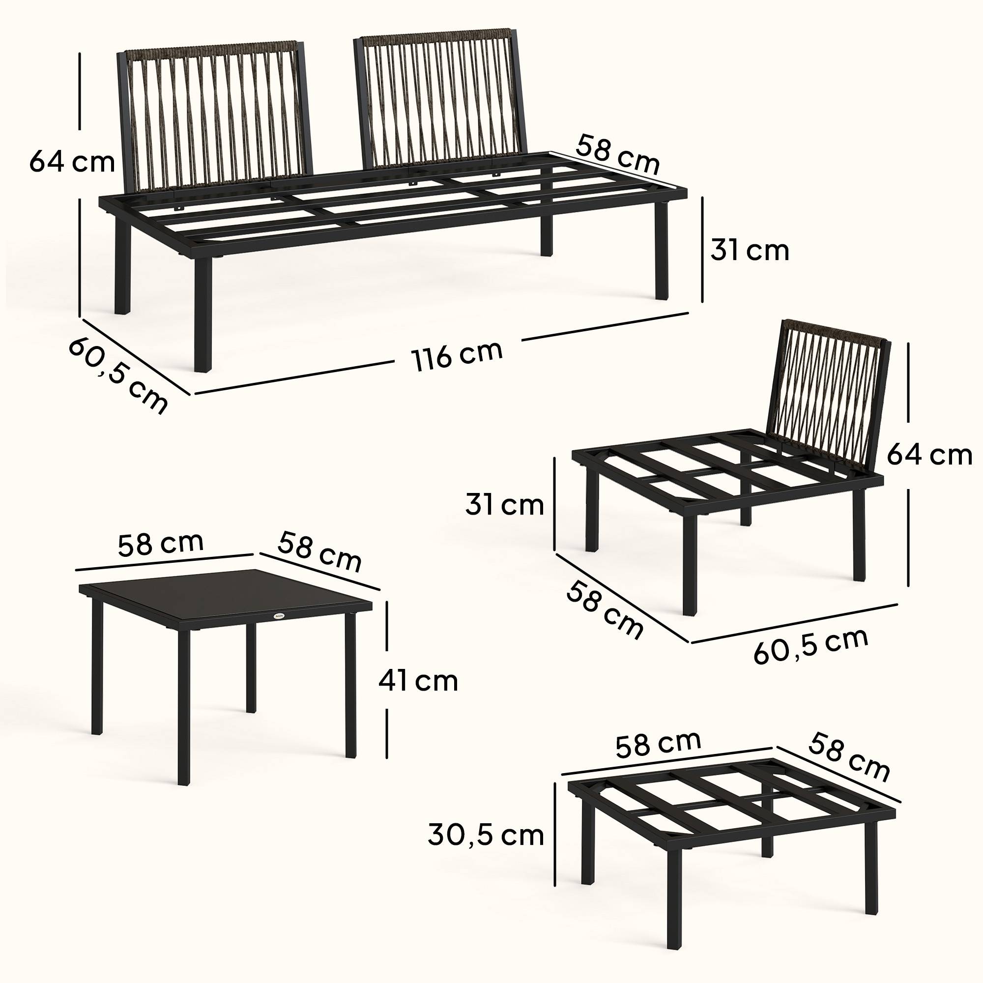 Salon de jardin extérieur d'angle modulable 6 personnes, table basse avec plateau en verre trempé, gris clair - Image 5