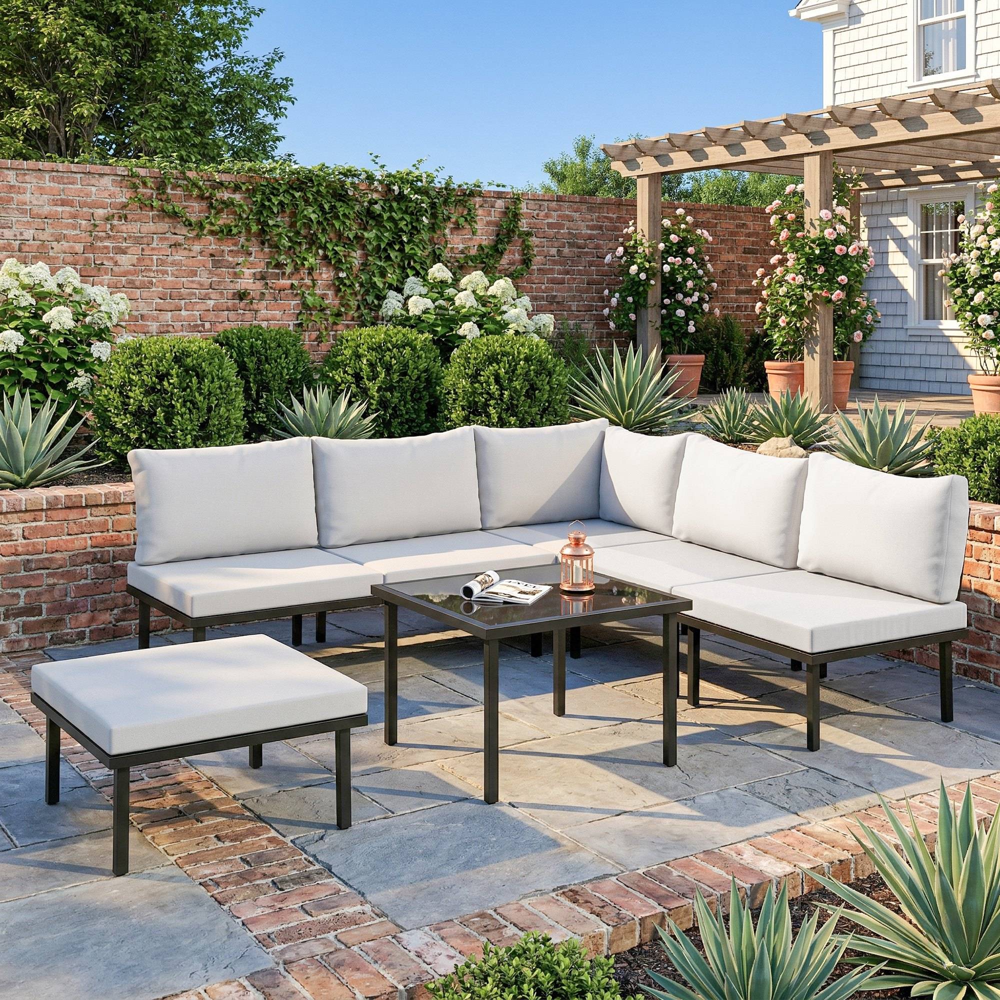 Salon de jardin extérieur d'angle modulable 6 personnes, table basse avec plateau en verre trempé, gris clair - Image 4