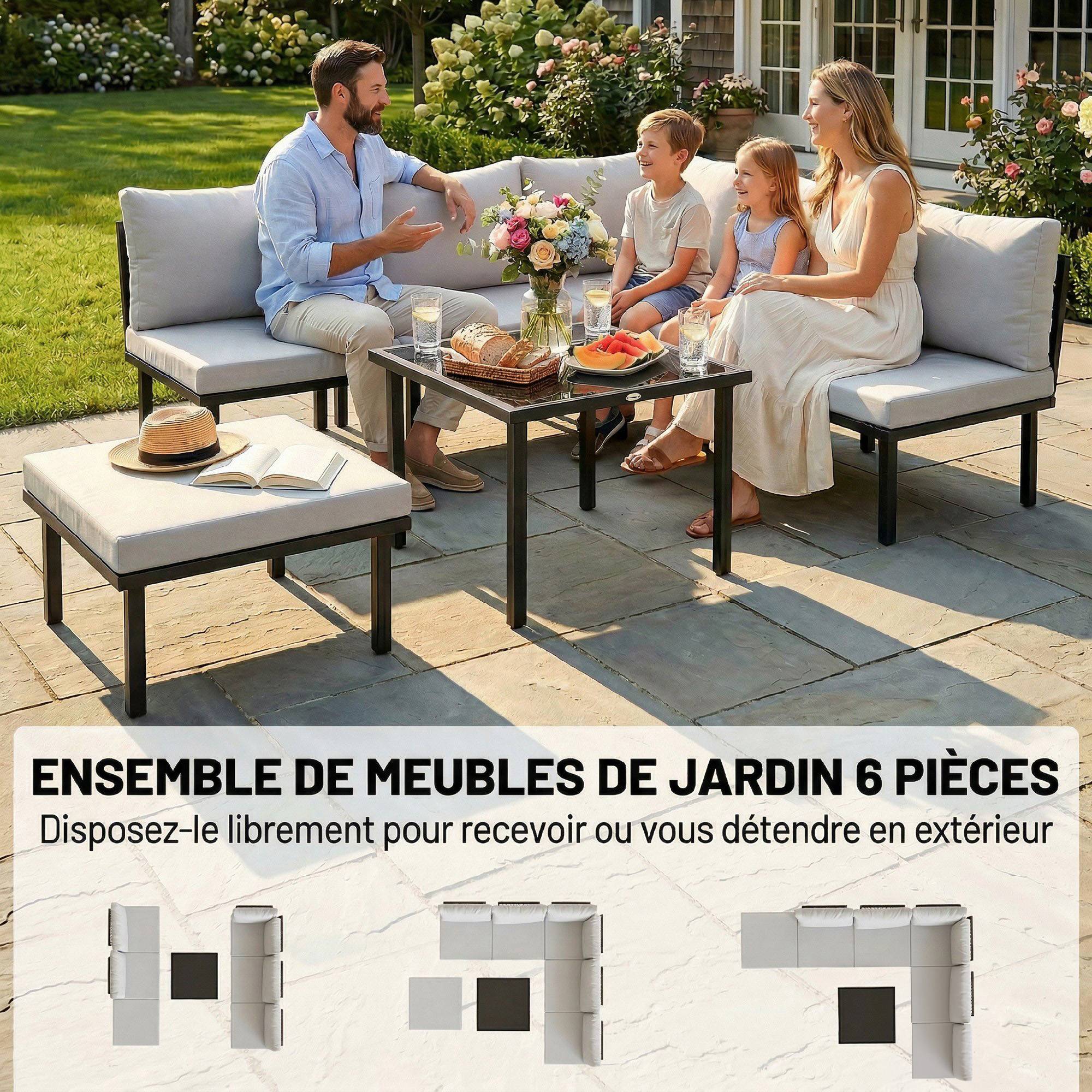 Salon de jardin extérieur d'angle modulable 6 personnes, table basse avec plateau en verre trempé, gris clair - Image 6