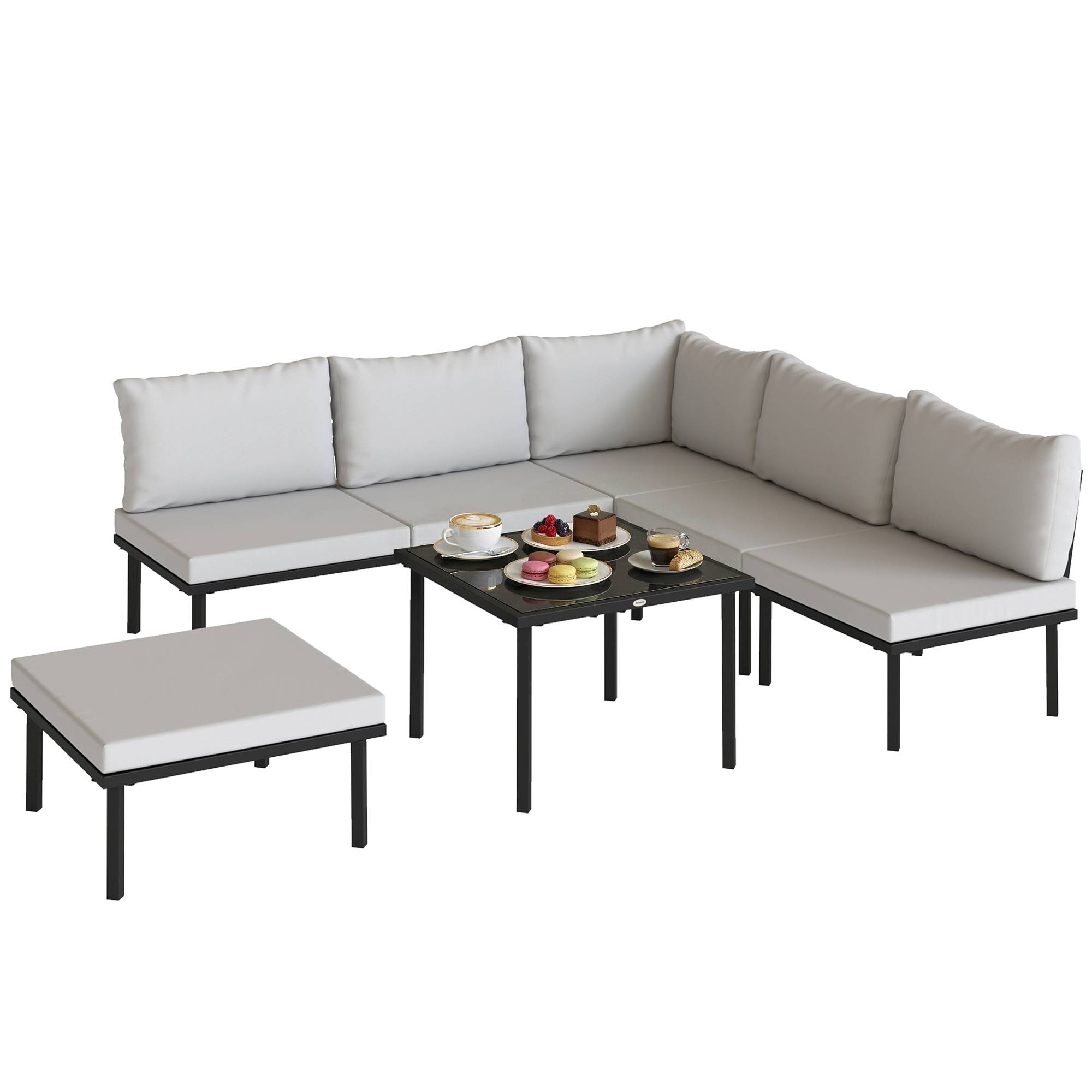 Salon de jardin extérieur d'angle modulable 6 personnes, table basse avec plateau en verre trempé, gris clair - Image 2