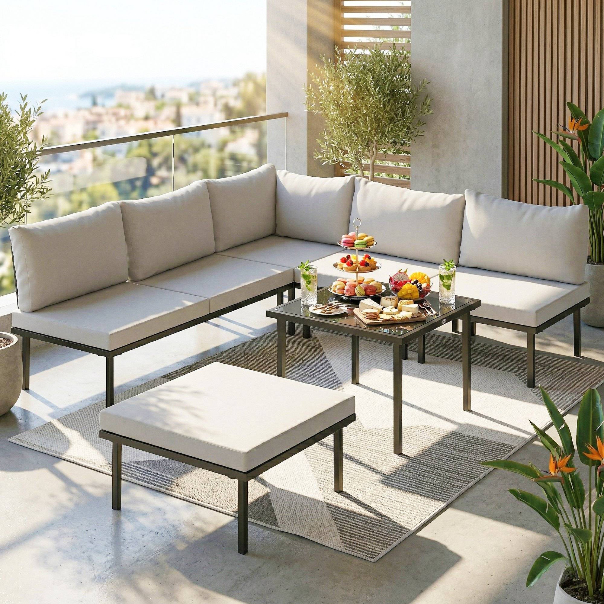 Salon de jardin extérieur d'angle modulable 6 personnes, table basse avec plateau en verre trempé, gris clair - Image 3