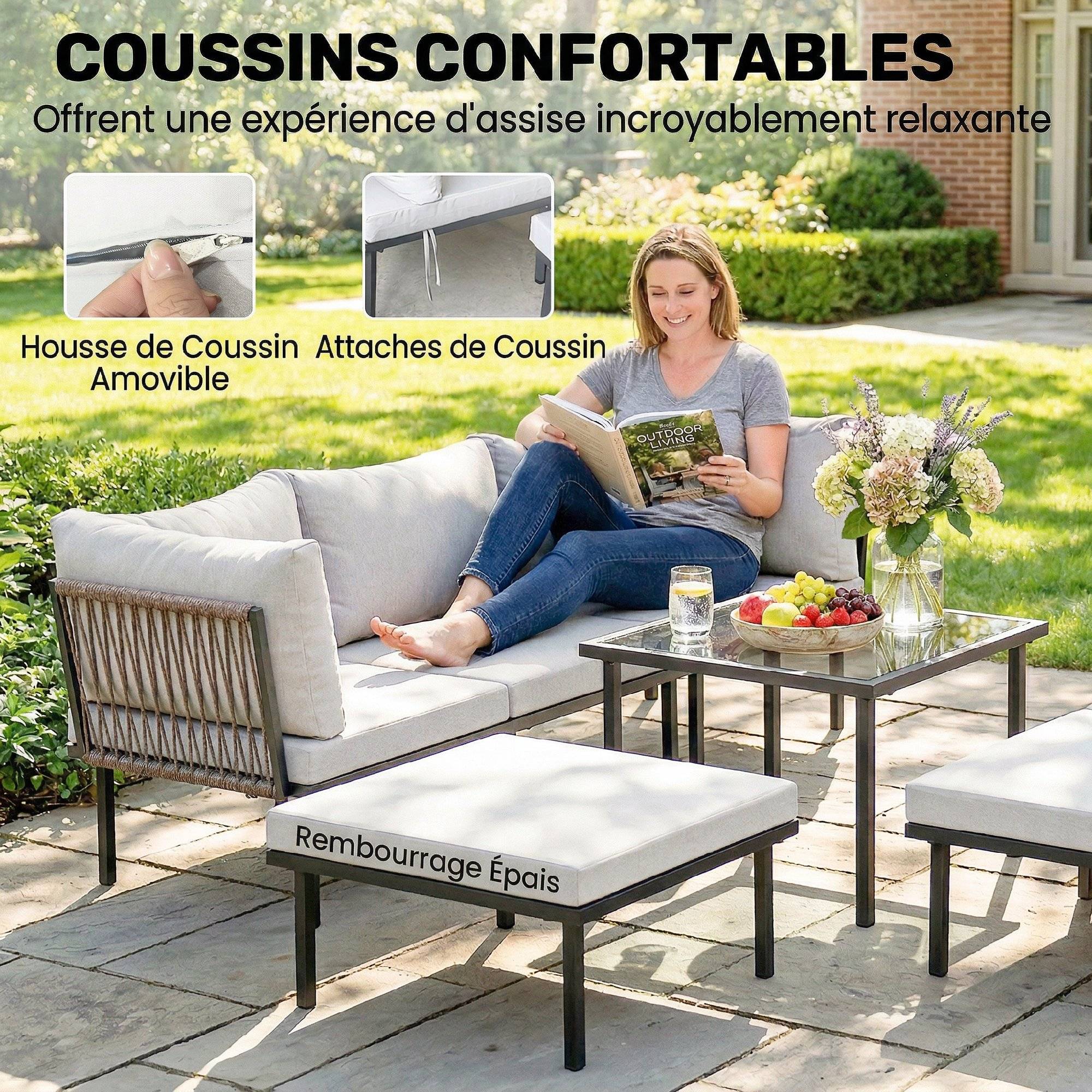 Salon de jardin extérieur d'angle modulable 6 personnes, table basse avec plateau en verre trempé, gris clair - Image 7