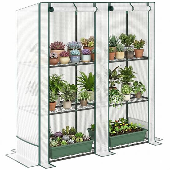 Serre de balcon PE toit incliné plantes étagères 3 niveaux 144x48x152cm blanc - ComfortXL Outdoor Living - Image 1