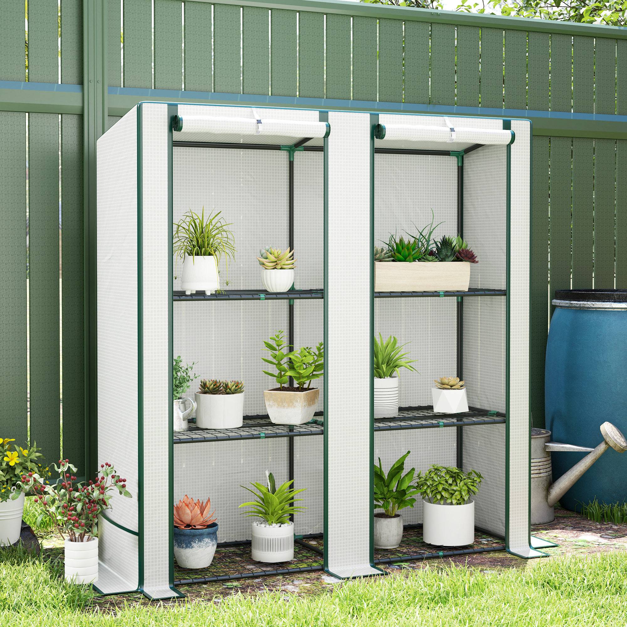 Serre de balcon PE toit incliné plantes étagères 3 niveaux 144x48x152cm blanc - ComfortXL Outdoor Living - Image 3