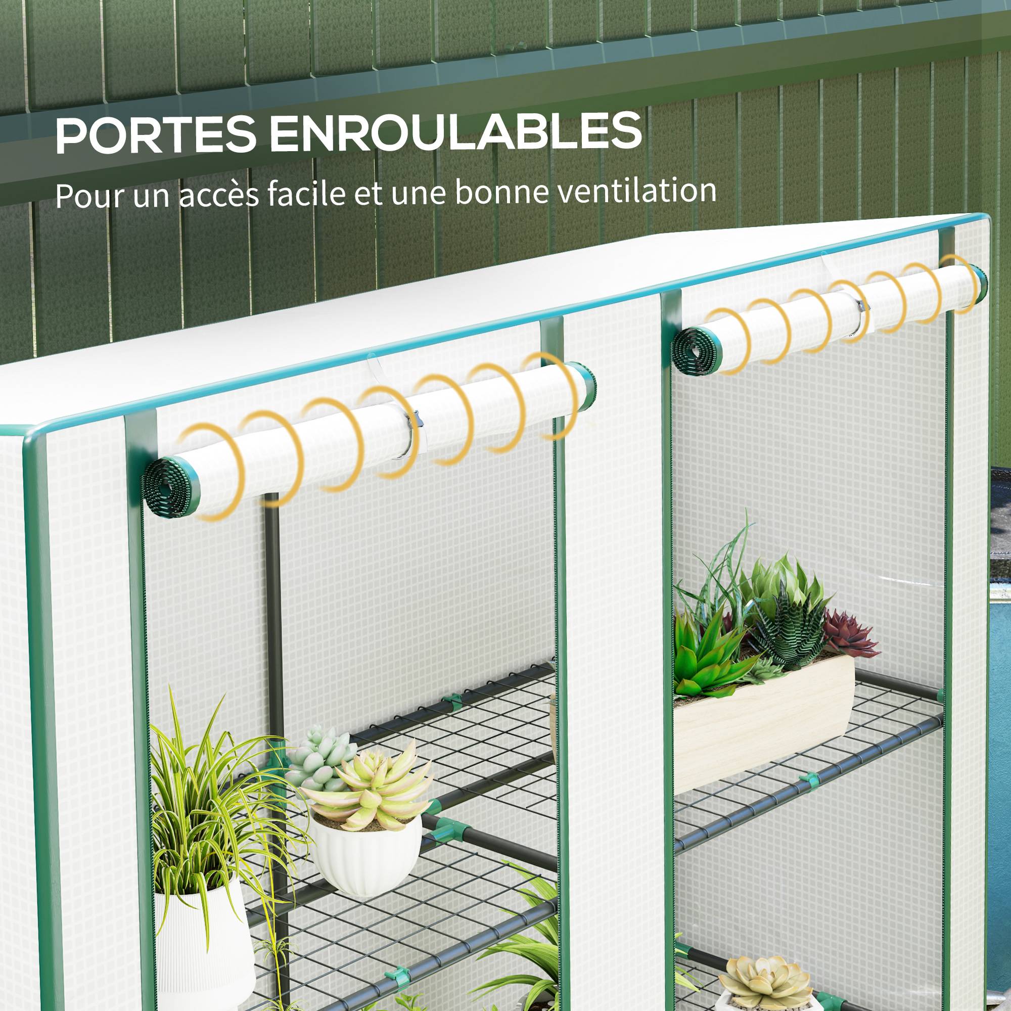 Serre de balcon PE toit incliné plantes étagères 3 niveaux 144x48x152cm blanc - ComfortXL Outdoor Living - Image 8