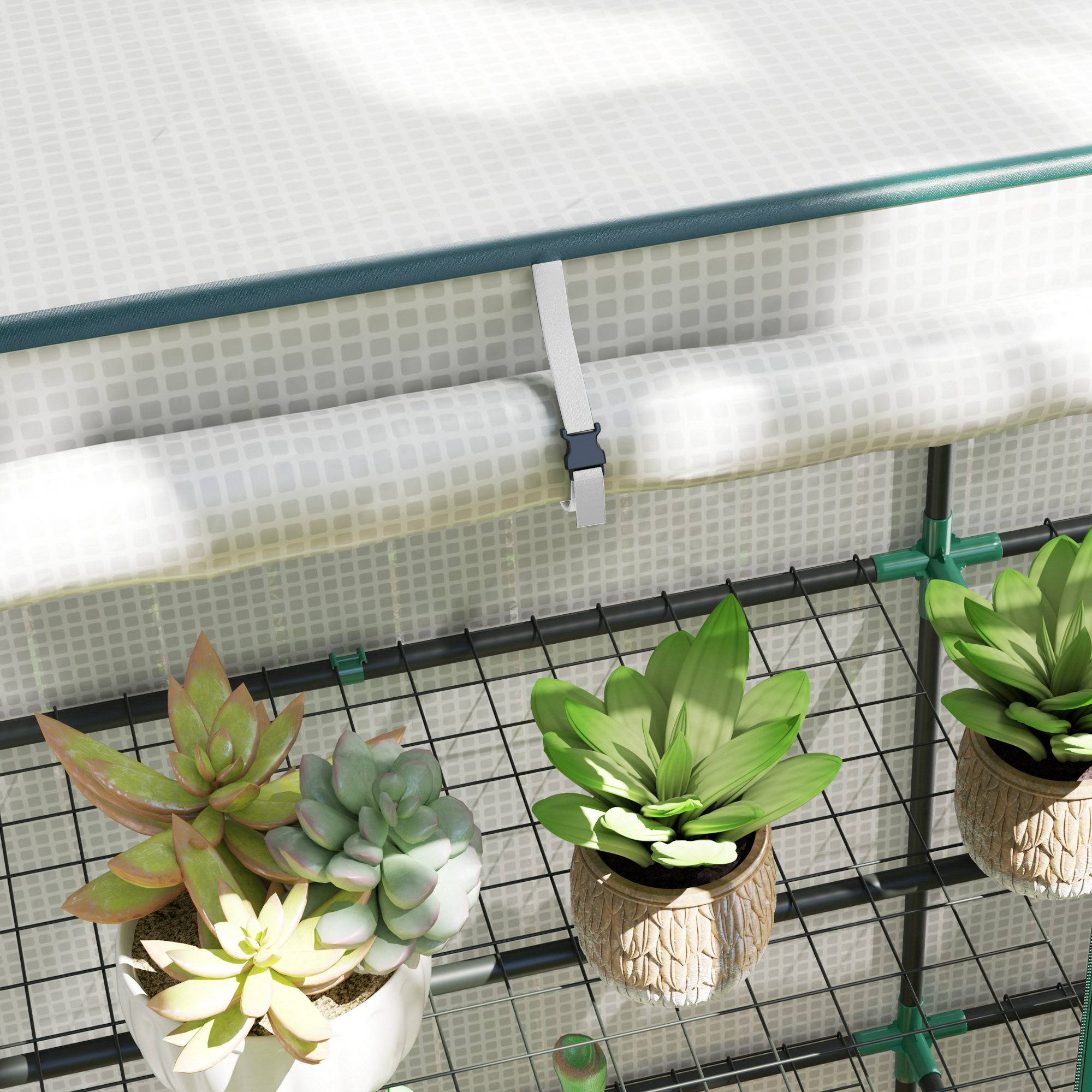 Serre de balcon PE toit incliné plantes étagères 3 niveaux 144x48x152cm blanc - ComfortXL Outdoor Living - Image 10