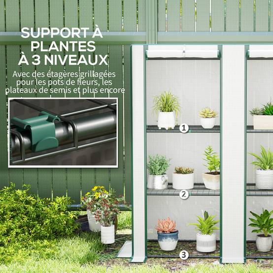 Serre de balcon PE toit incliné plantes étagères 3 niveaux 144x48x152cm blanc - ComfortXL Outdoor Living - Image 7