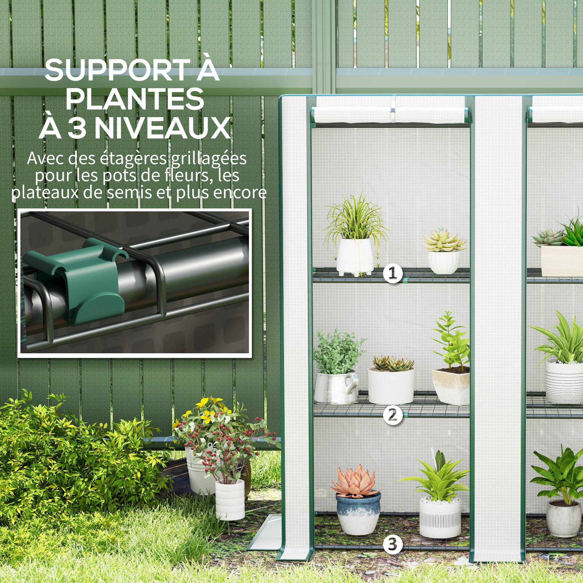Serre de balcon PE toit incliné plantes étagères 3 niveaux 144x48x152cm blanc - ComfortXL Outdoor Living - Image 7