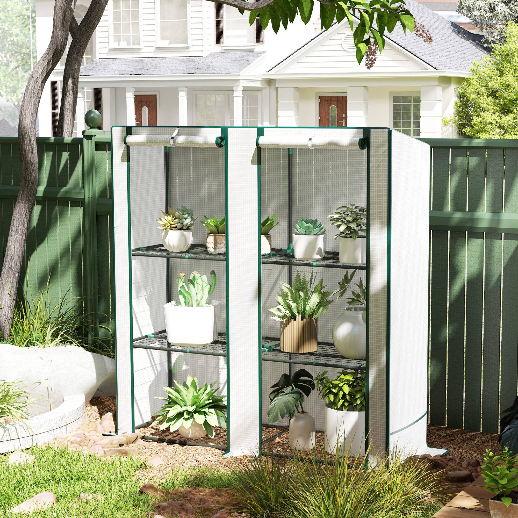 Serre de balcon PE toit incliné plantes étagères 3 niveaux 144x48x152cm blanc - ComfortXL Outdoor Living - Image 4