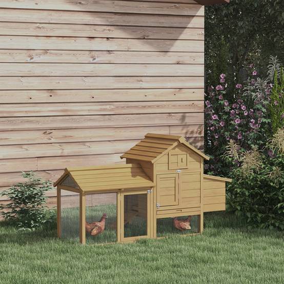 Poulailler d’Extérieur en Bois pour 2 à 3 Poules avec Double Enclos Grillagé, Nichoir, Toit Ouvrant et Rampe, 150,5 x 54 x 87 cm, Naturel - Image 3