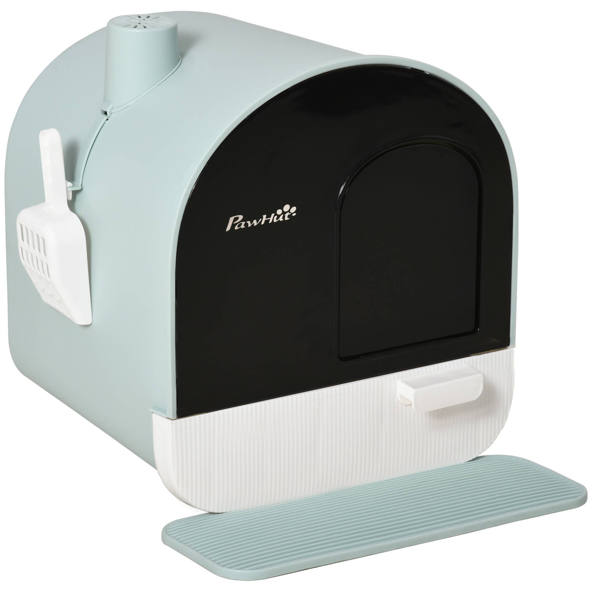 Bac à litière vert pour chat fermé 43x44x47 cm avec plateau amovible, pelle et filtre, accessoire design sobre pour intérieur pratique et discret - Image 1